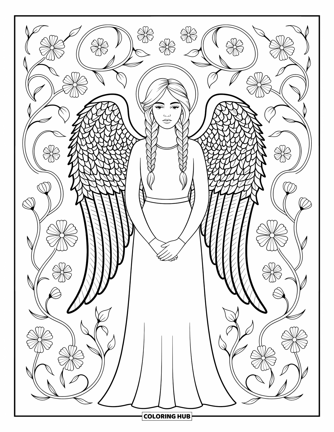 Desen de colorat cu îngeri pentru adulți: Un înger cu aripi de iederă și o împletitură stă pașnic