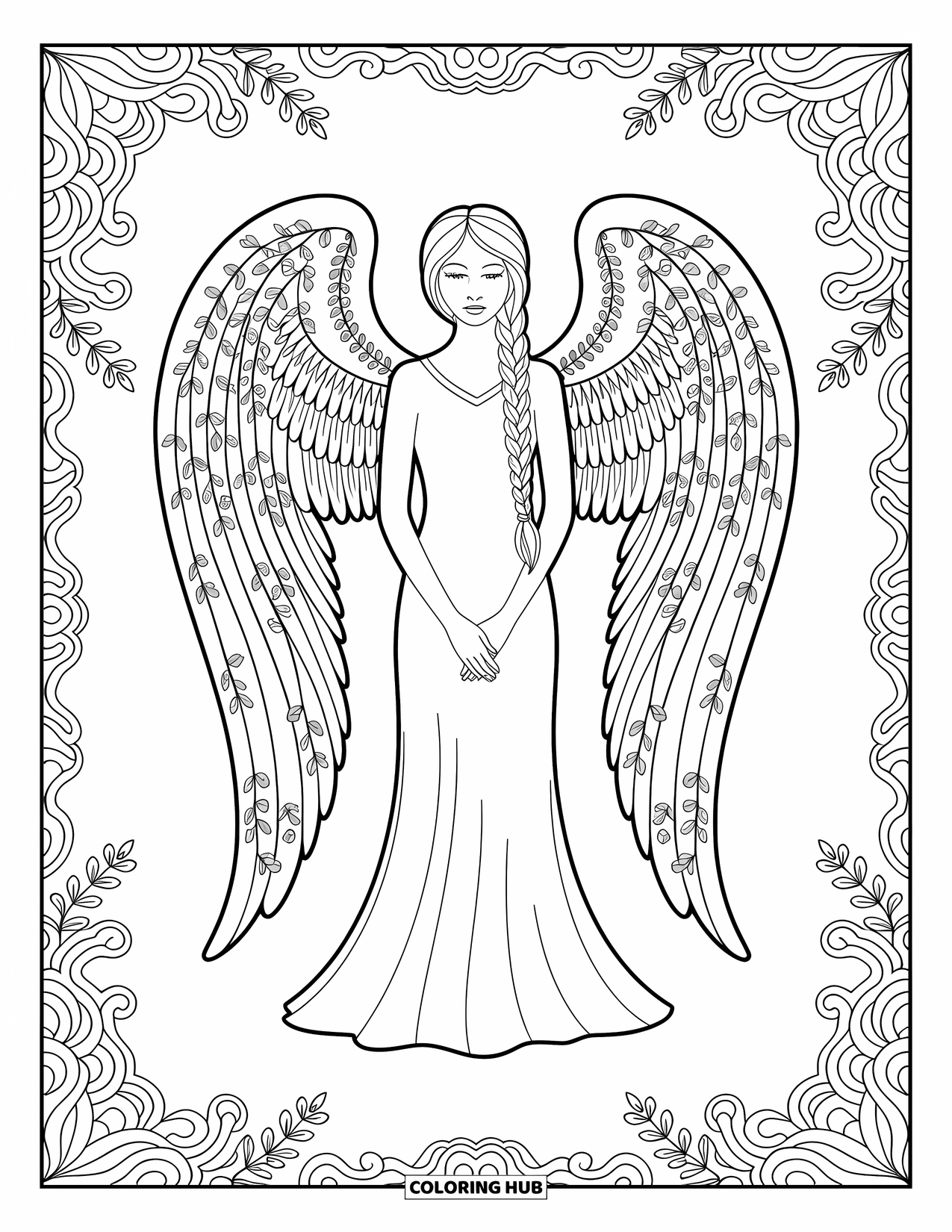 Desen de colorat cu îngeri pentru adulți: Un înger cu aripi înfășurate în iederă și o împletitură stă elegant