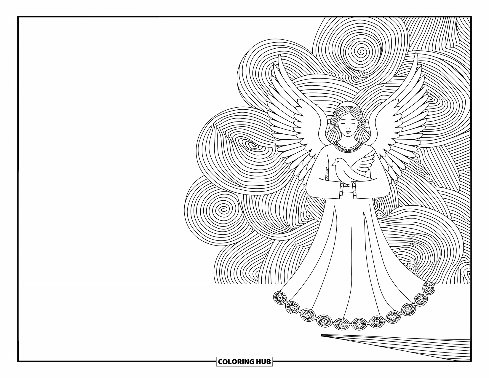 Desen de colorat cu îngeri pentru adulți: Un înger cu detalii din dantelă ține un porumbel cu blândețe
