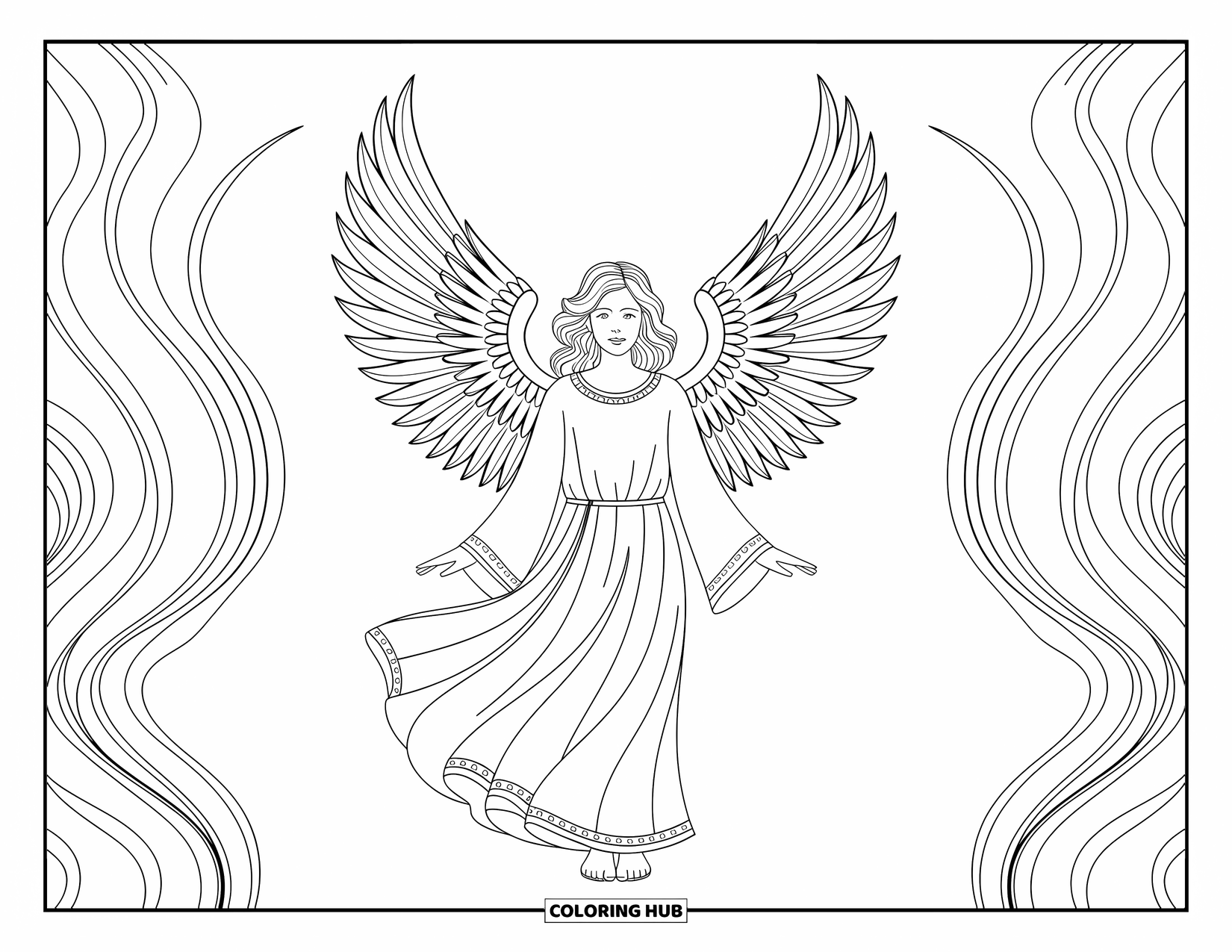 Desen de colorat cu îngeri pentru adulți: Un înger cu aripi de tip phoenix stă cu încredere cu modele complicate