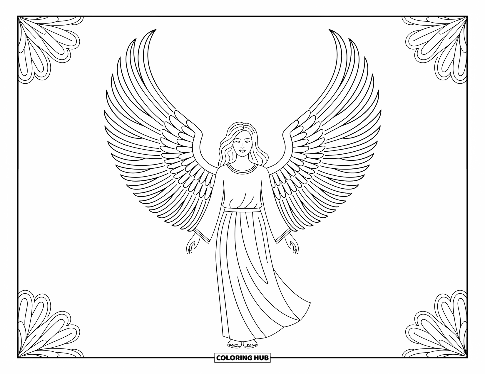 Desen de colorat cu îngeri pentru adulți: Un înger cu aripi de tip phoenix stă mândru cu modele detaliate