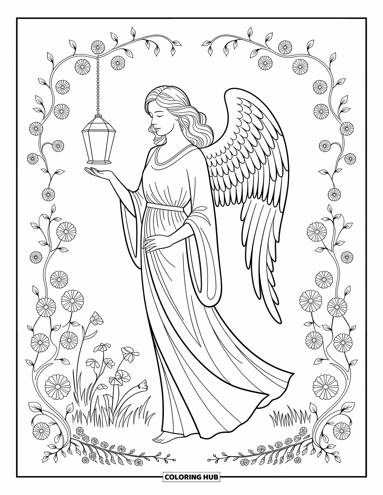 Desen de colorat cu îngeri pentru adulți: Un înger elegant ținând un felinar într-o grădină florală