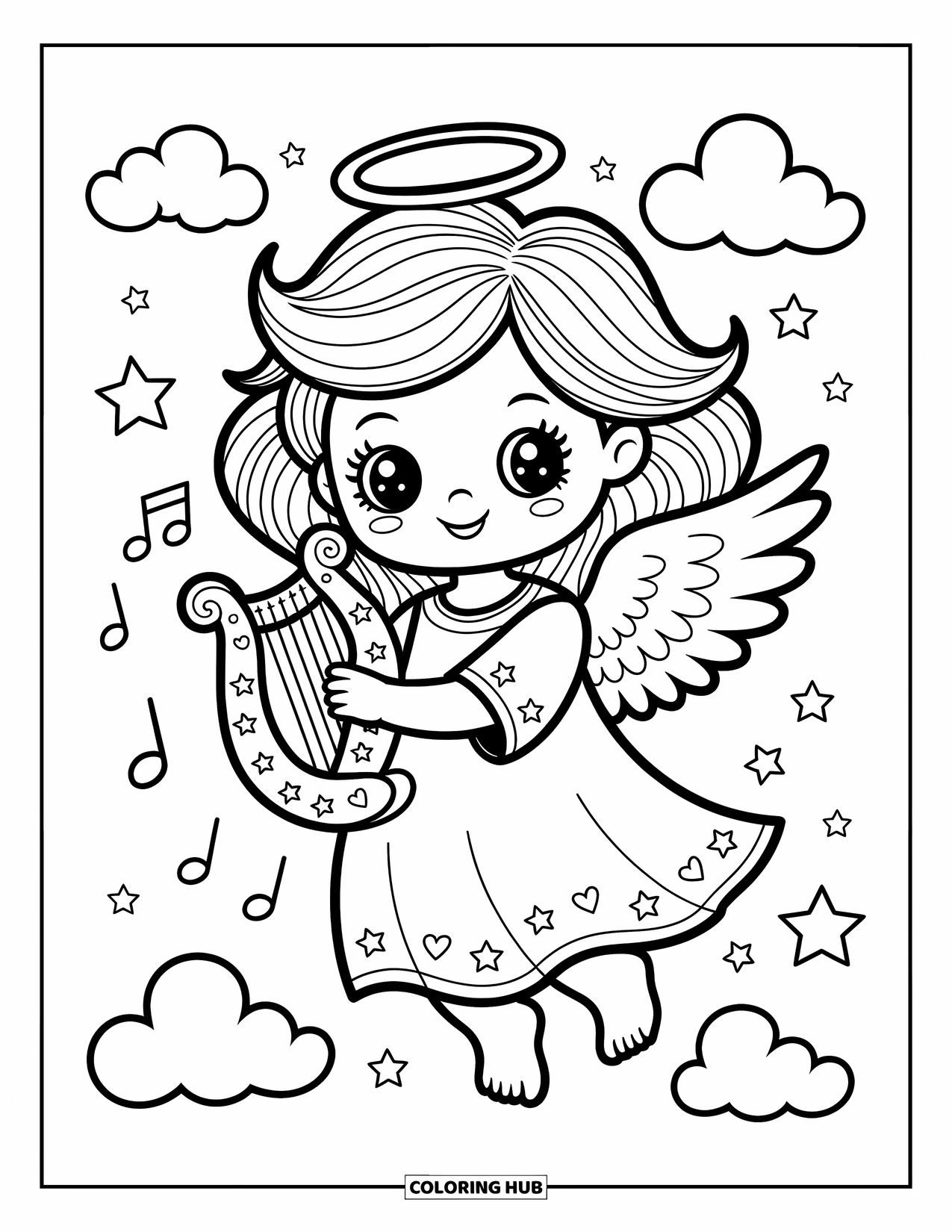 Desen de colorat cu îngeri pentru adulți: Doi îngeri plutesc ținându-se de mână pe un pod curcubeu cu inimi