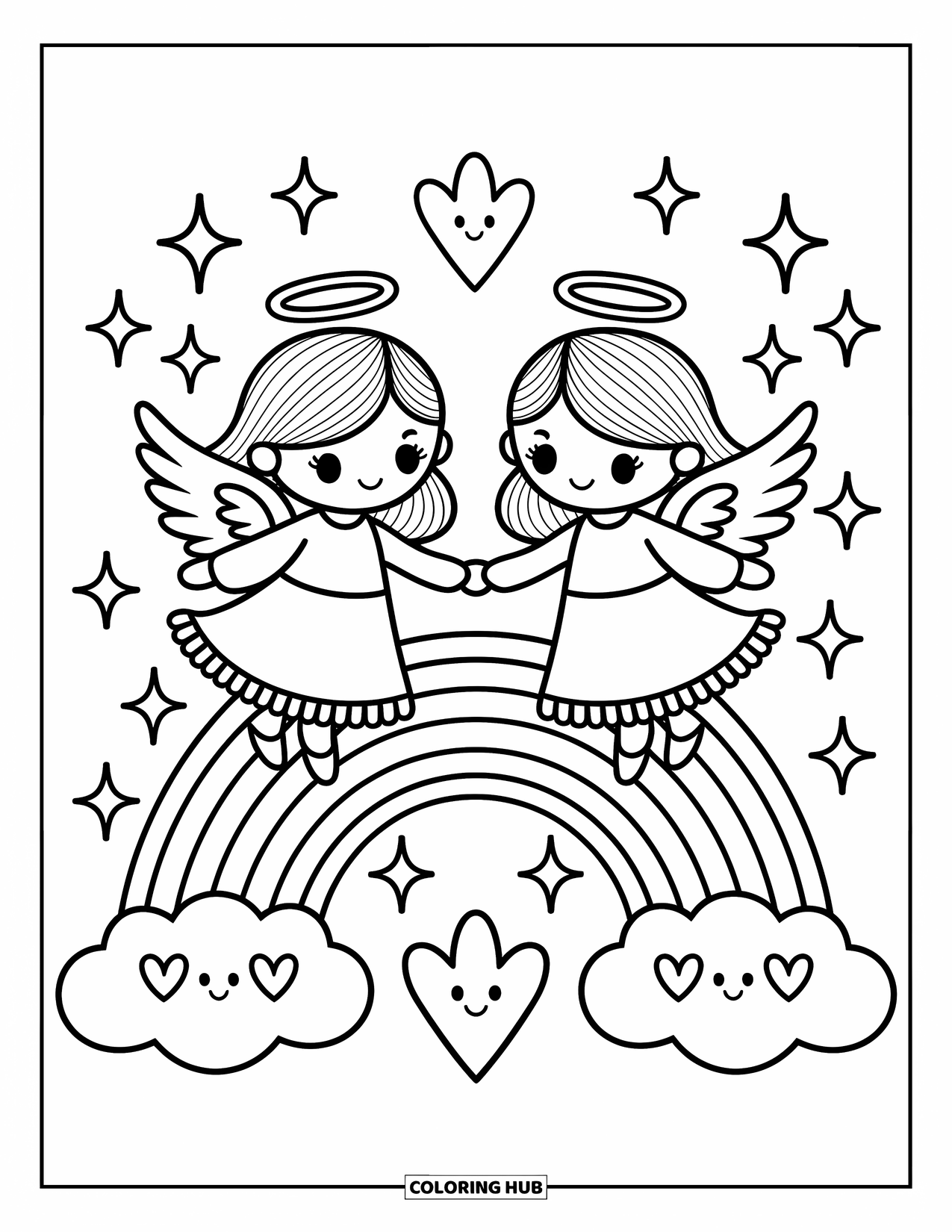 Desen de colorat cu îngeri pentru adulți: Doi îngeri alunecă peste un pod curcubeu cu nori în formă de inimă