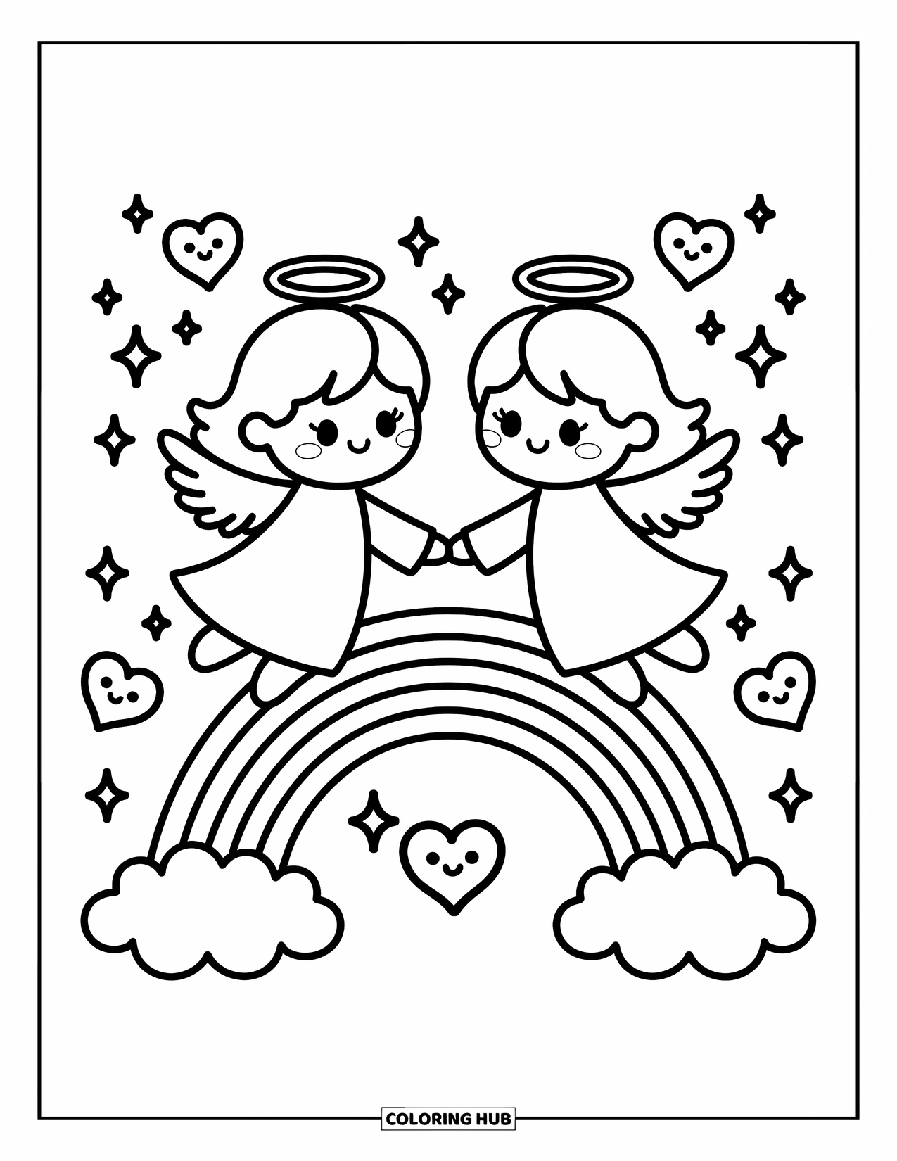 Desen de colorat cu îngeri pentru adulți: Doi îngeri se țin de mână pe un pod curcubeu cu nori în formă de inimă