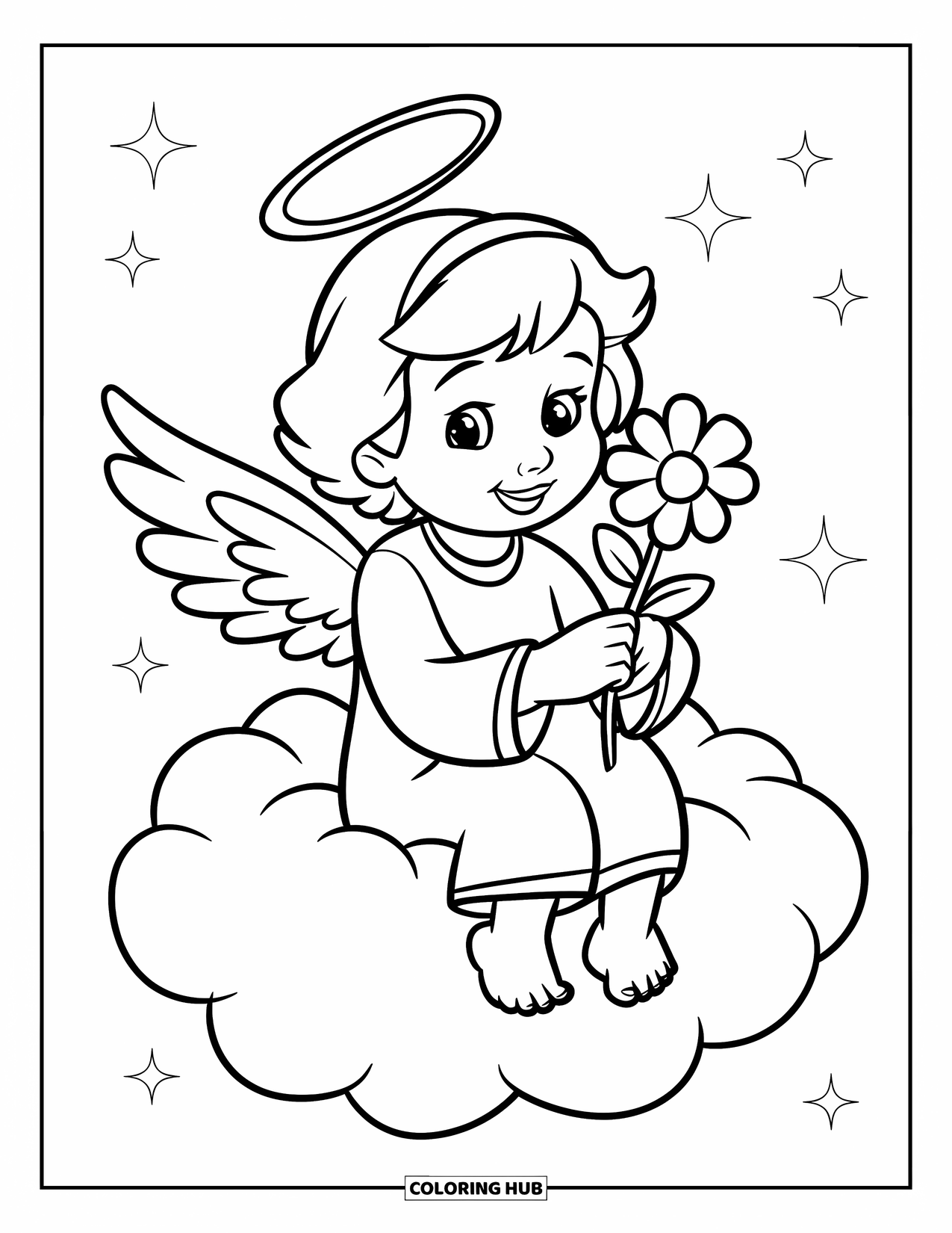 Desen de colorat cu un înger pentru copii: Un înger vesel ținând o floare pe un nor pufos