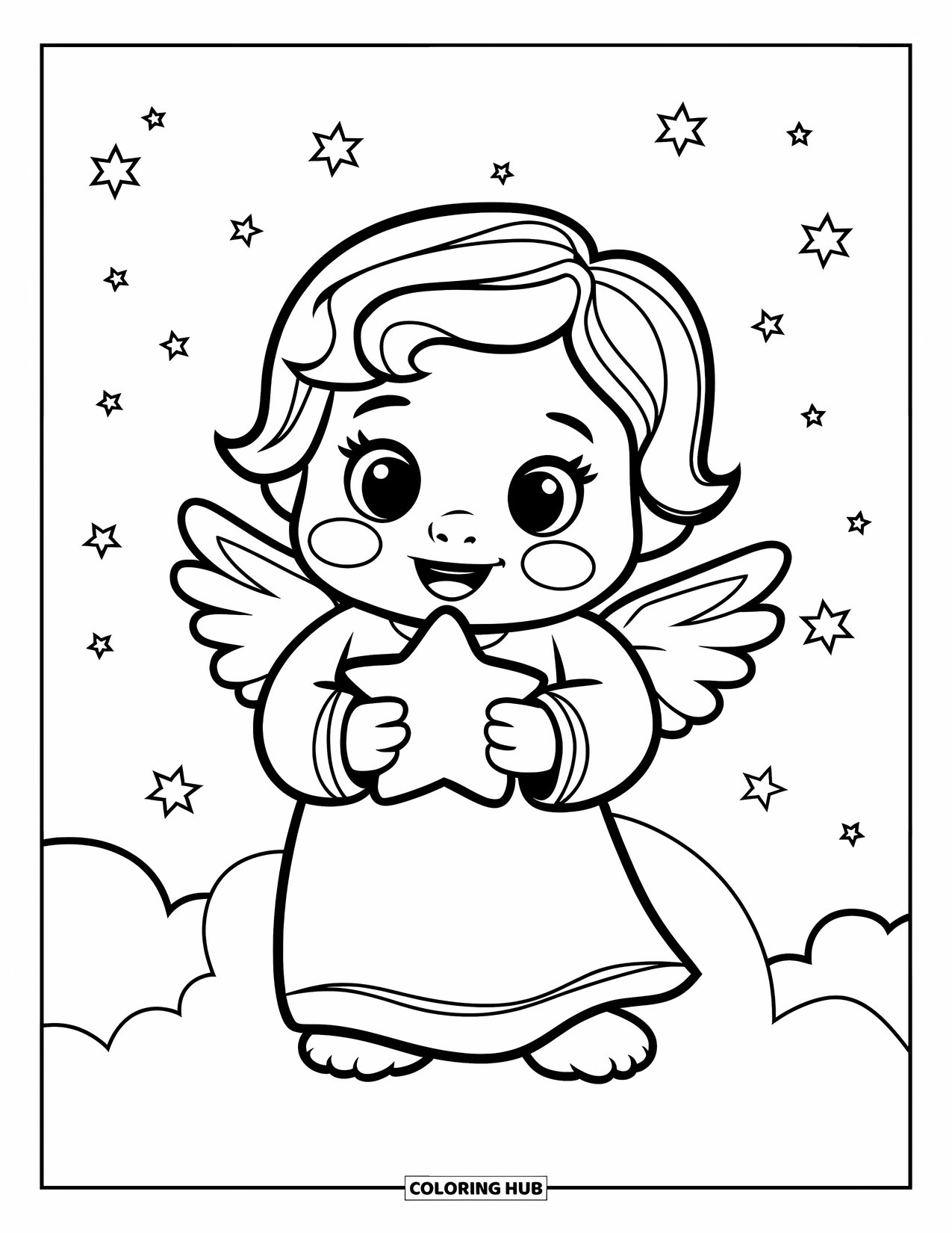 Desen de colorat cu un înger pentru copii: Un înger vesel cu o stea pe un nor pufos