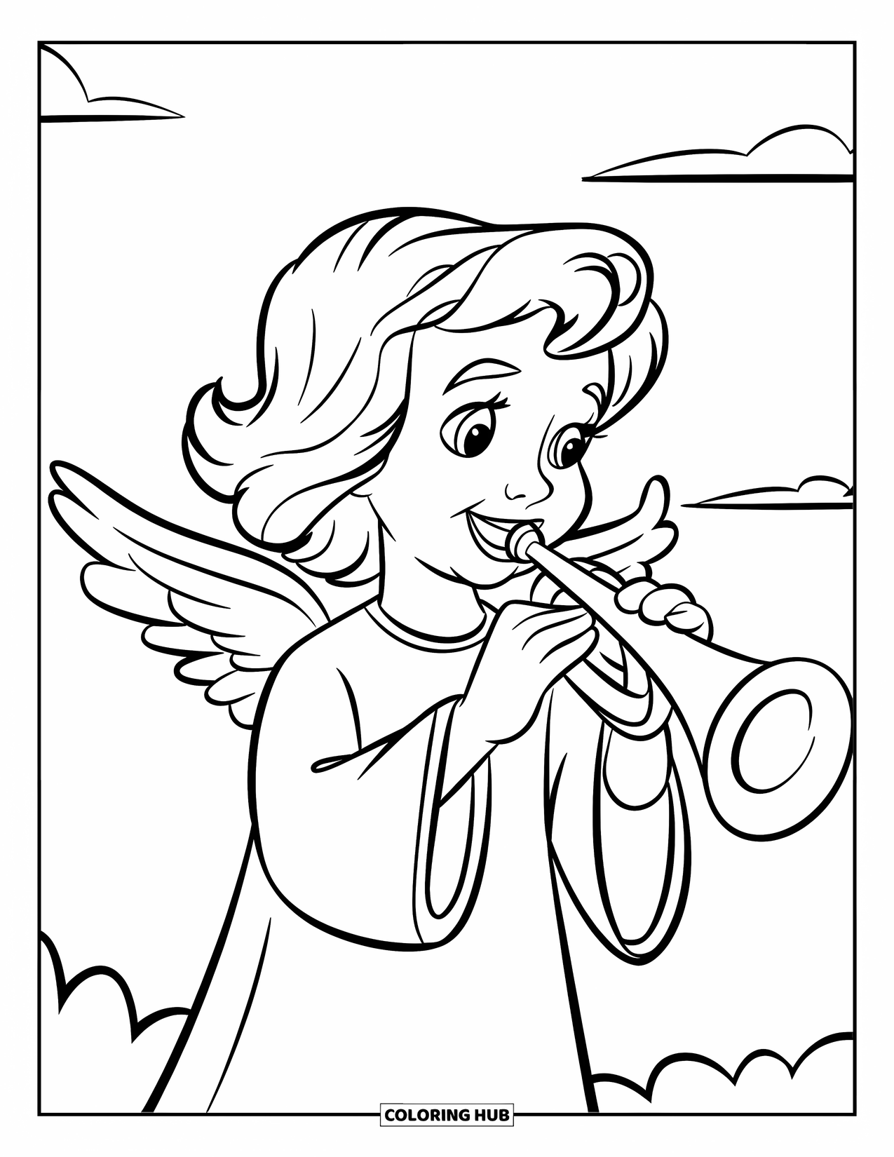 Desen de colorat cu un înger pentru copii: Un înger vesel cu o trompetă de jucărie stând pe un nor