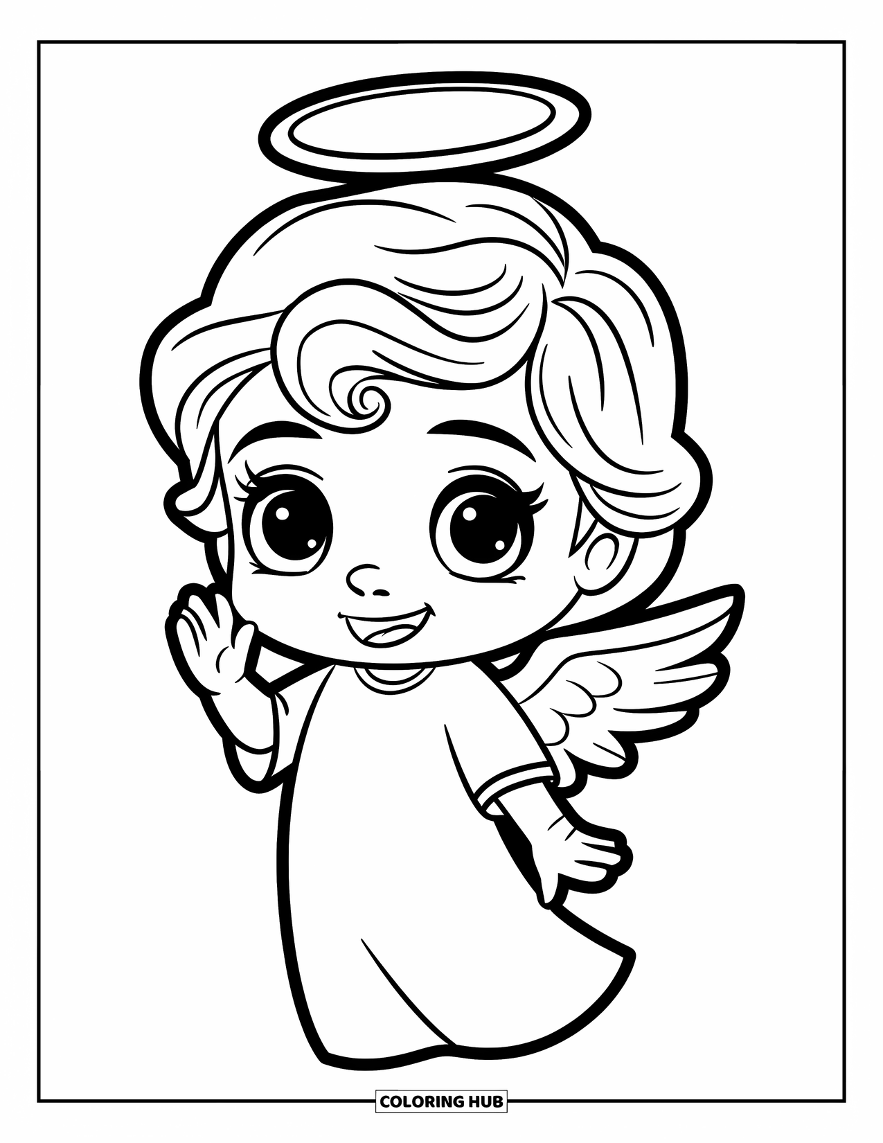 Desen de colorat cu un înger pentru copii: Un înger chibi făcând cu mâna fericit cu o aureolă mică