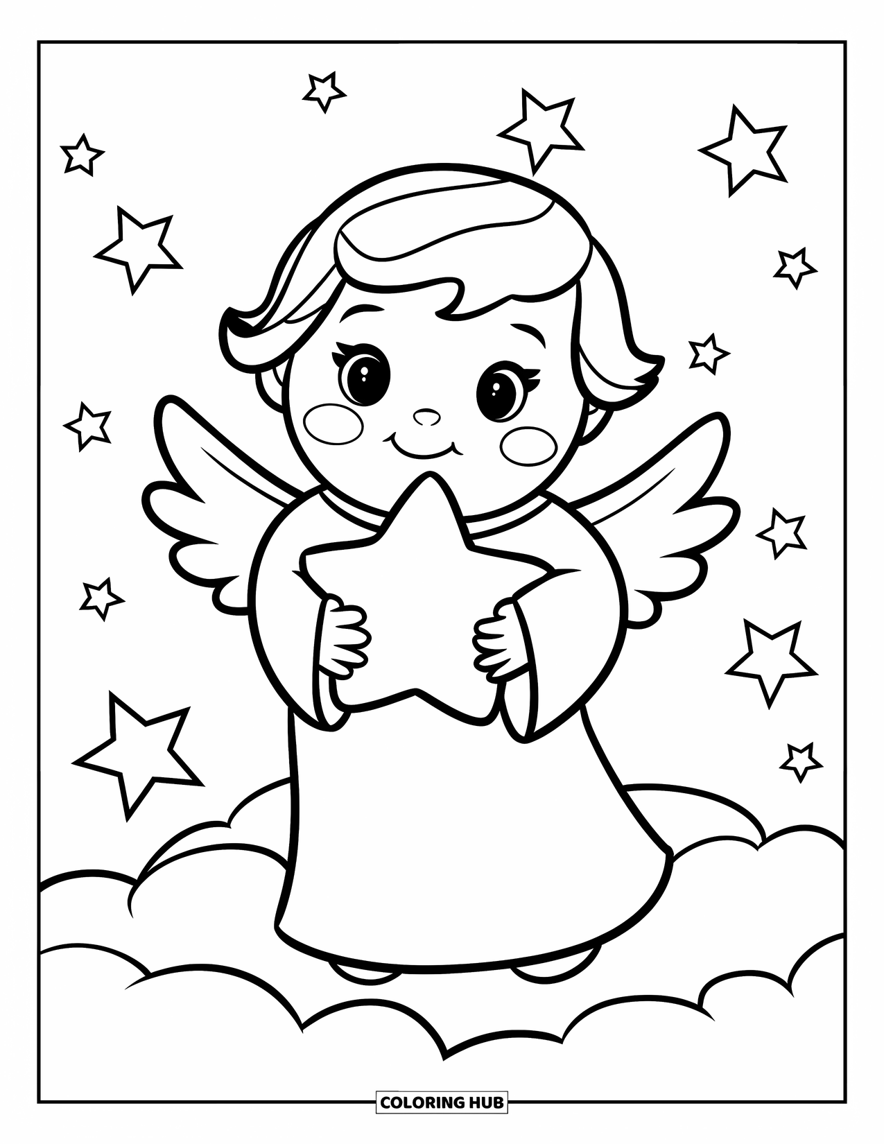 Desen de colorat cu un înger pentru copii: Un înger drăguț ținând o stea în timp ce stă pe un nor