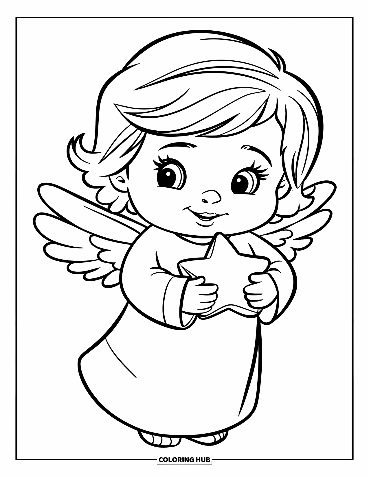 Desen de colorat cu un înger pentru copii: Un înger drăguț cu obraji grăsuți ținând o stea