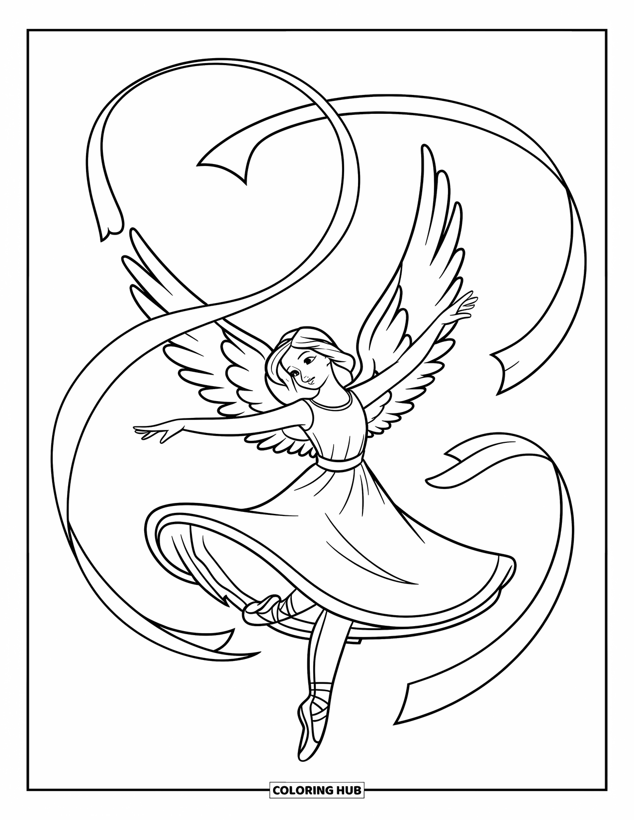 Desen de colorat cu un înger pentru copii: Un înger dansator învârtindu-se grațios cu panglici și aripi
