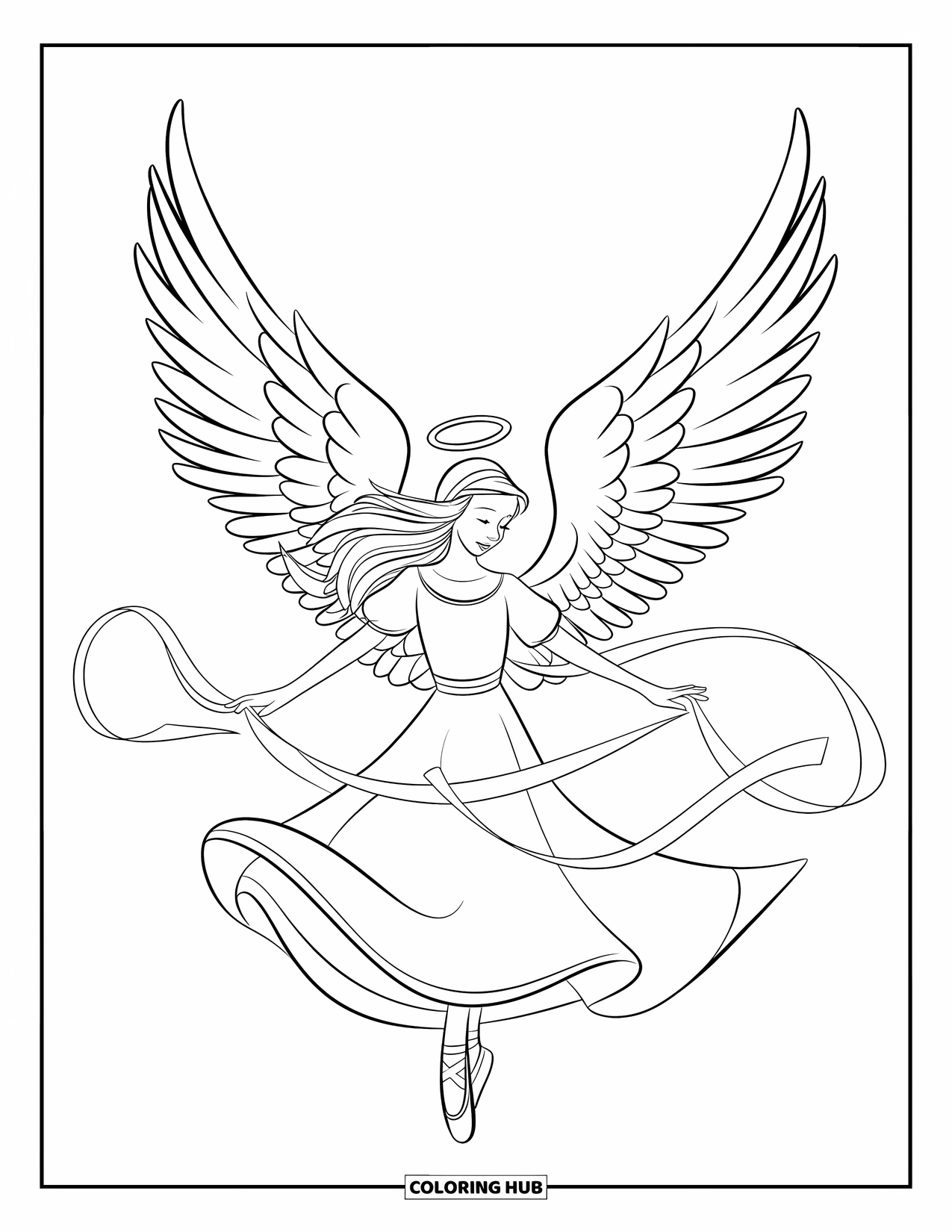 Desen de colorat cu un înger pentru copii: Un înger dansator învârtindu-se cu panglici, purtând o aureolă și o rochie albă