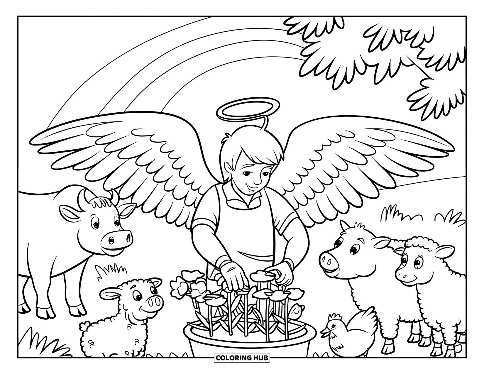 Desen de colorat cu un înger pentru copii: Un înger fermier plantând flori într-un câmp cu diverse animale în apropiere