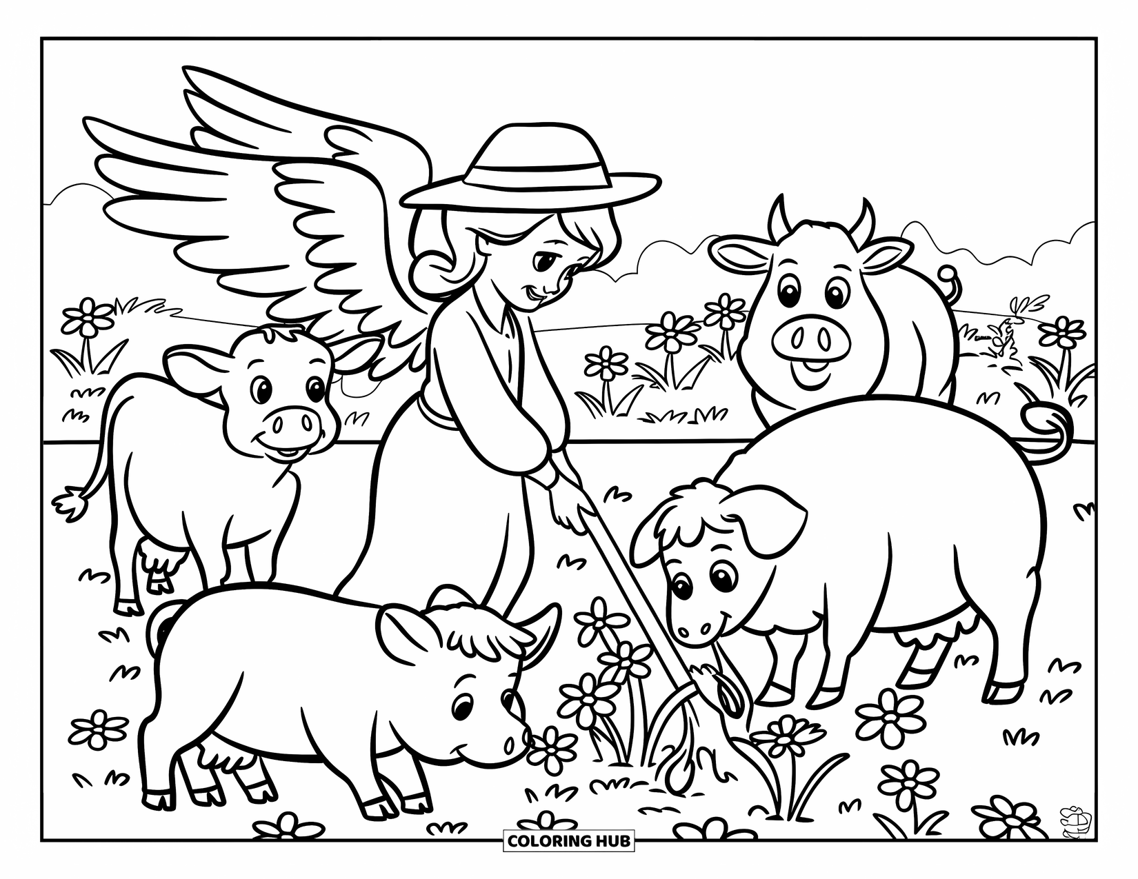 Desen de colorat cu un înger pentru copii: Un înger fermier plantând flori cu animale adunate în jur