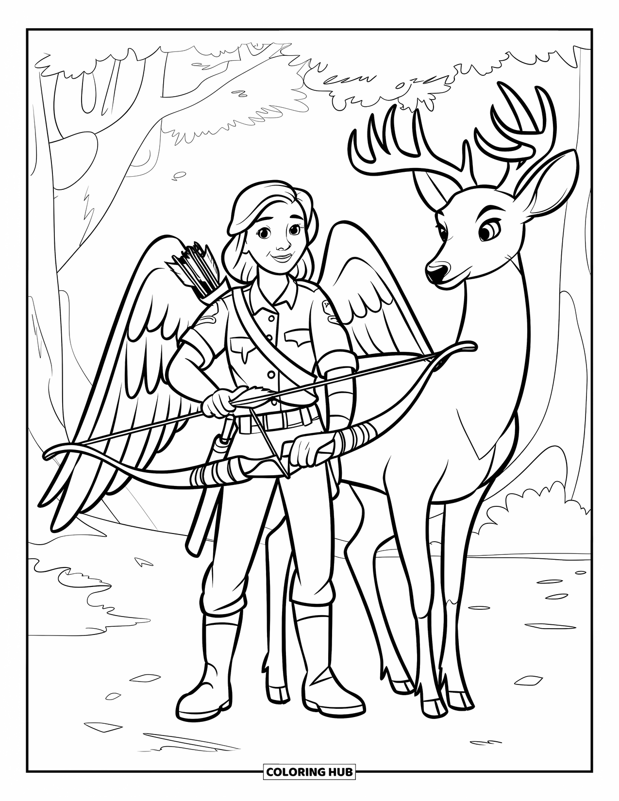 Desen de colorat cu un înger pentru copii: Un înger pădurar ținând un arc cu un cerb în pădure
