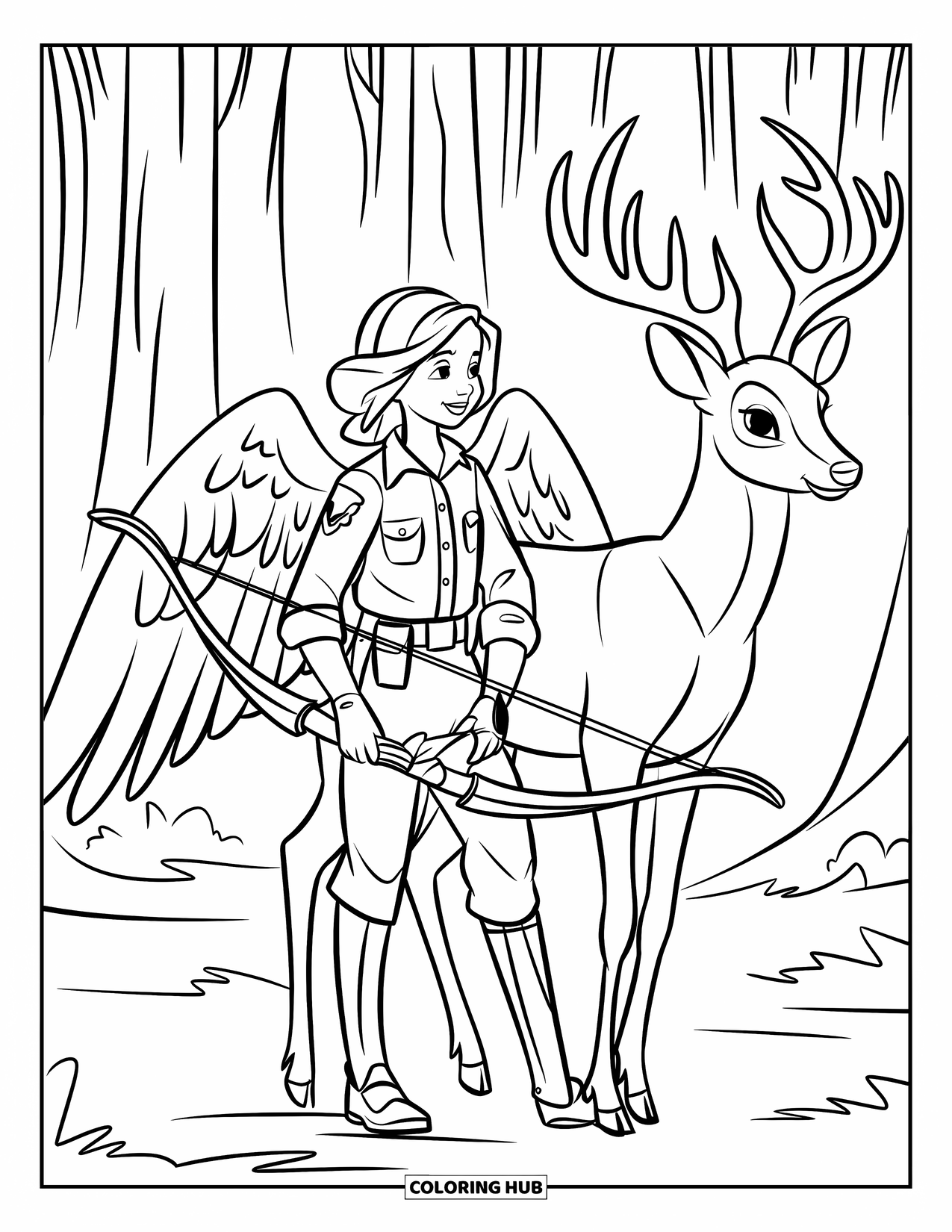 Desen de colorat cu un înger pentru copii: Un înger pădurar cu un arc și un cerb într-o pădure