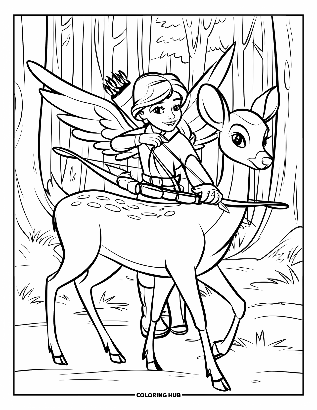 Desen de colorat cu un înger pentru copii: Un înger pădurar cu aripi și un cerb printre copaci înalți