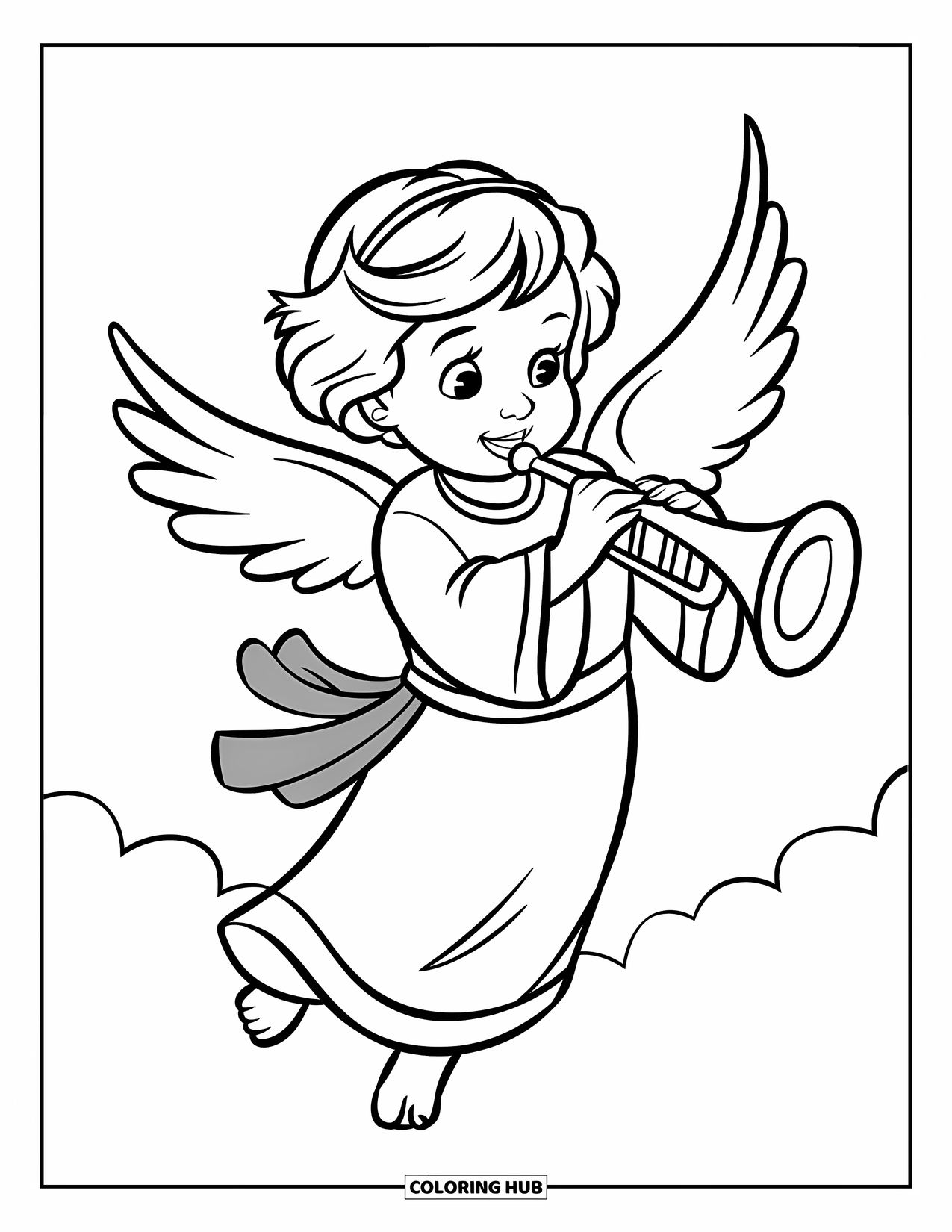 Desen de colorat cu un înger pentru copii: Un înger vesel cu o trompetă de jucărie și aripi scurte