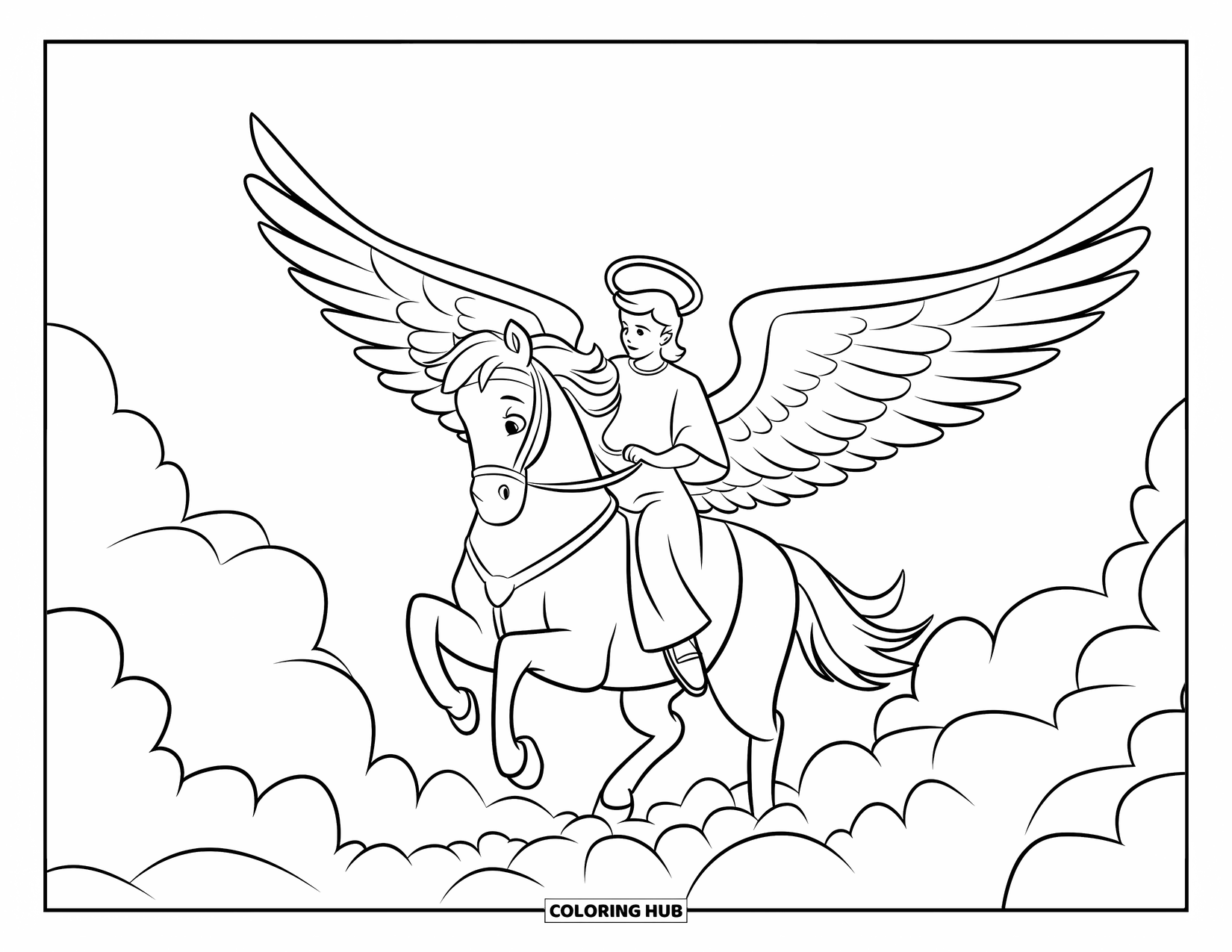 Desen de colorat cu un înger pentru copii: Un înger mesager călărind un cal înaripat prin nori