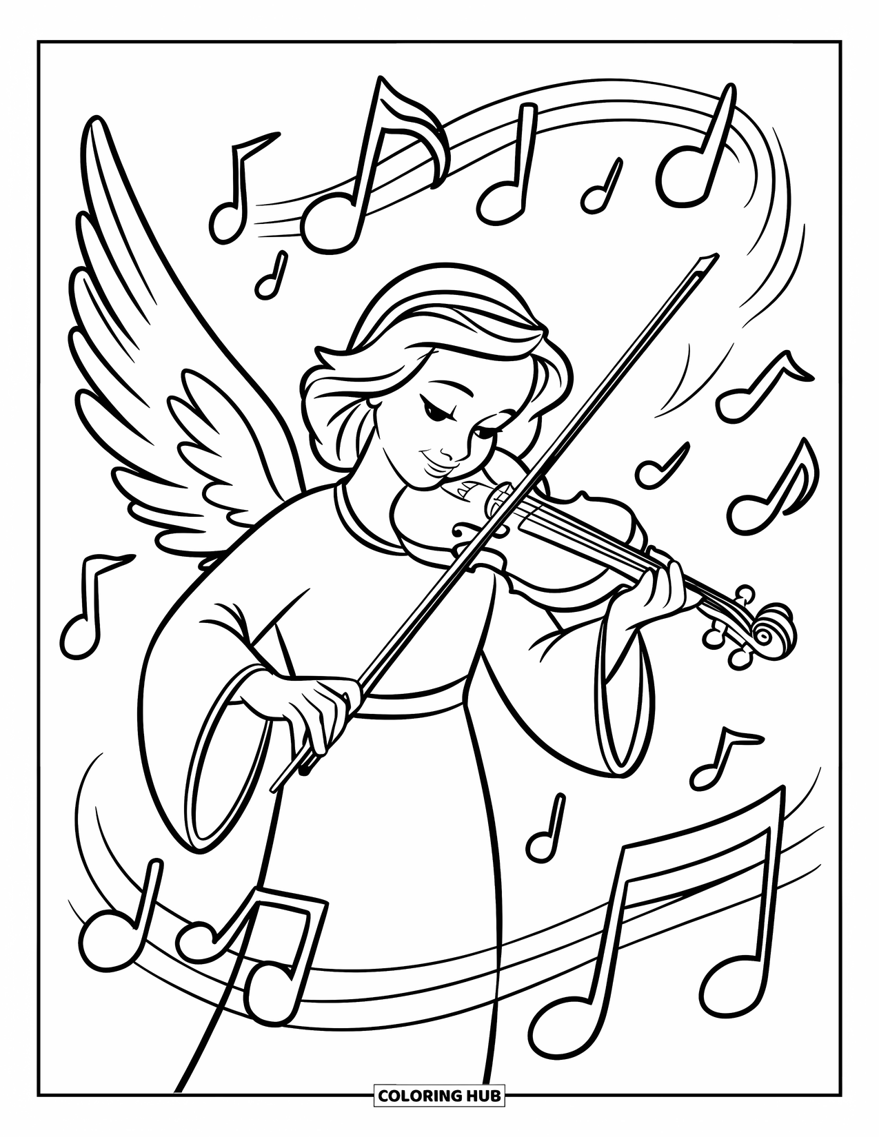 Desen de colorat cu un înger pentru copii: Un înger muzician cântând la vioară cu note plutind în jur
