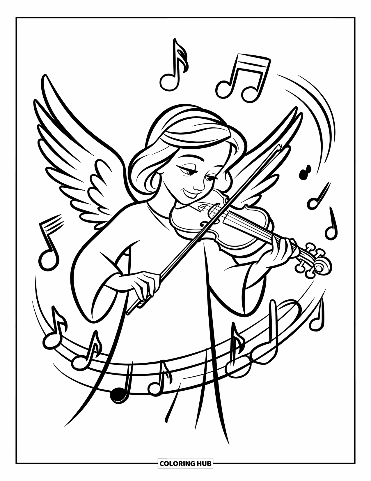 Desen de colorat cu un înger pentru copii: Un înger muzician cântând la vioară cu note învârtindu-se în jur