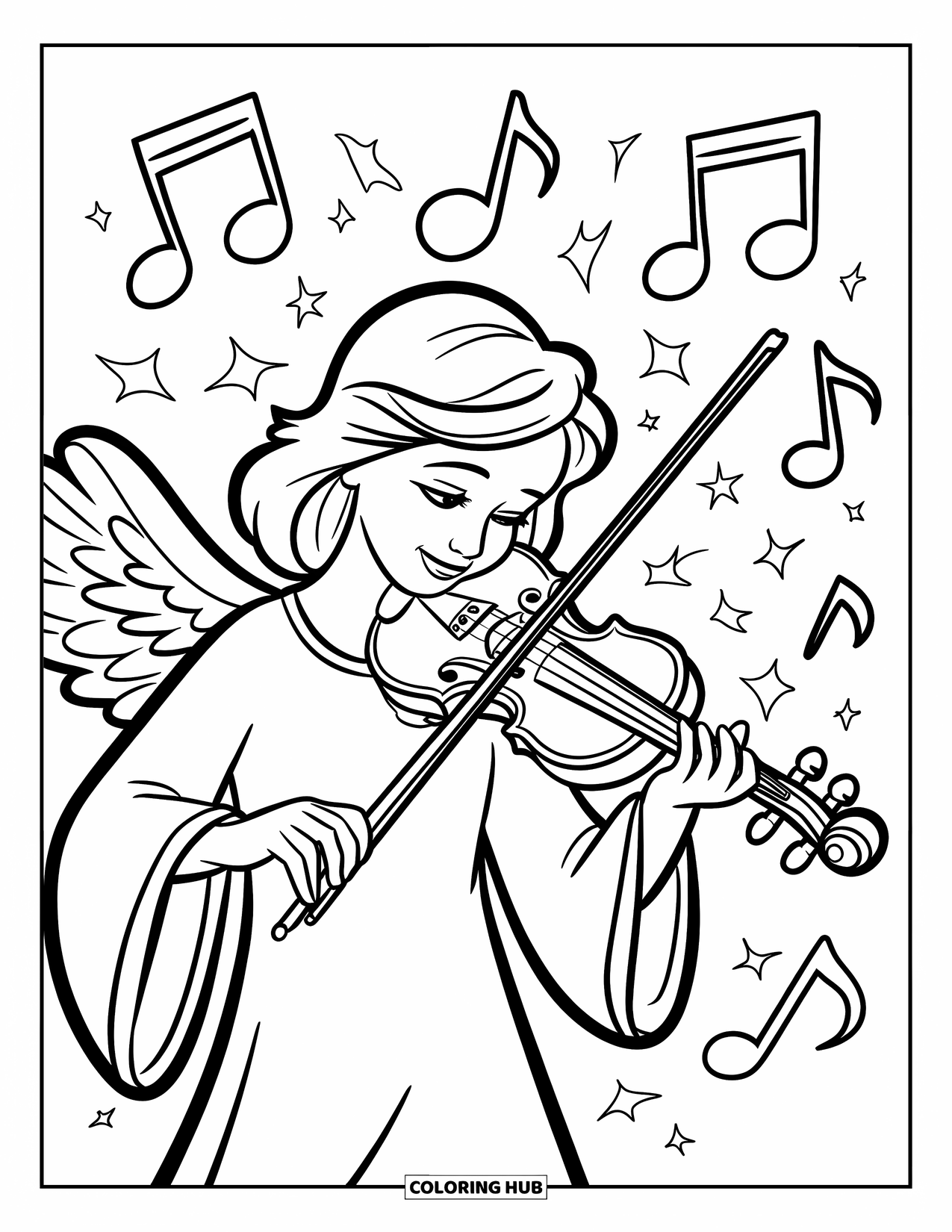 Desen de colorat cu un înger pentru copii: Un înger muzician cu aripi cântând la vioară înconjurat de note muzicale