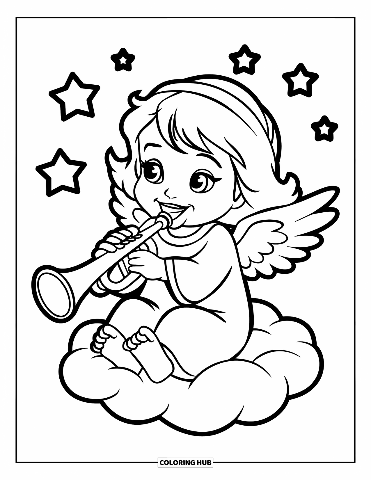 Desen de colorat cu un înger pentru copii: Un înger jucăuș cu aripi scurte și o trompetă de jucărie