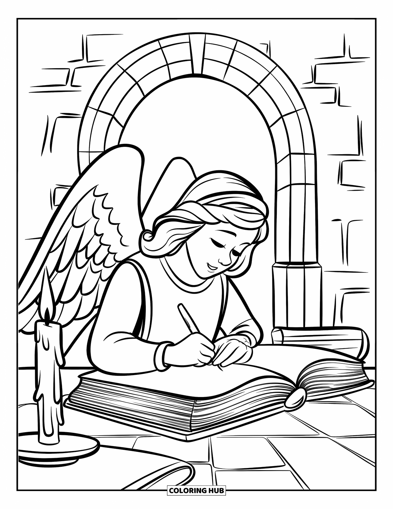 Desen de colorat cu un înger pentru copii: Un înger savant scriind la lumina lumânării cu o arcadă de piatră în apropiere