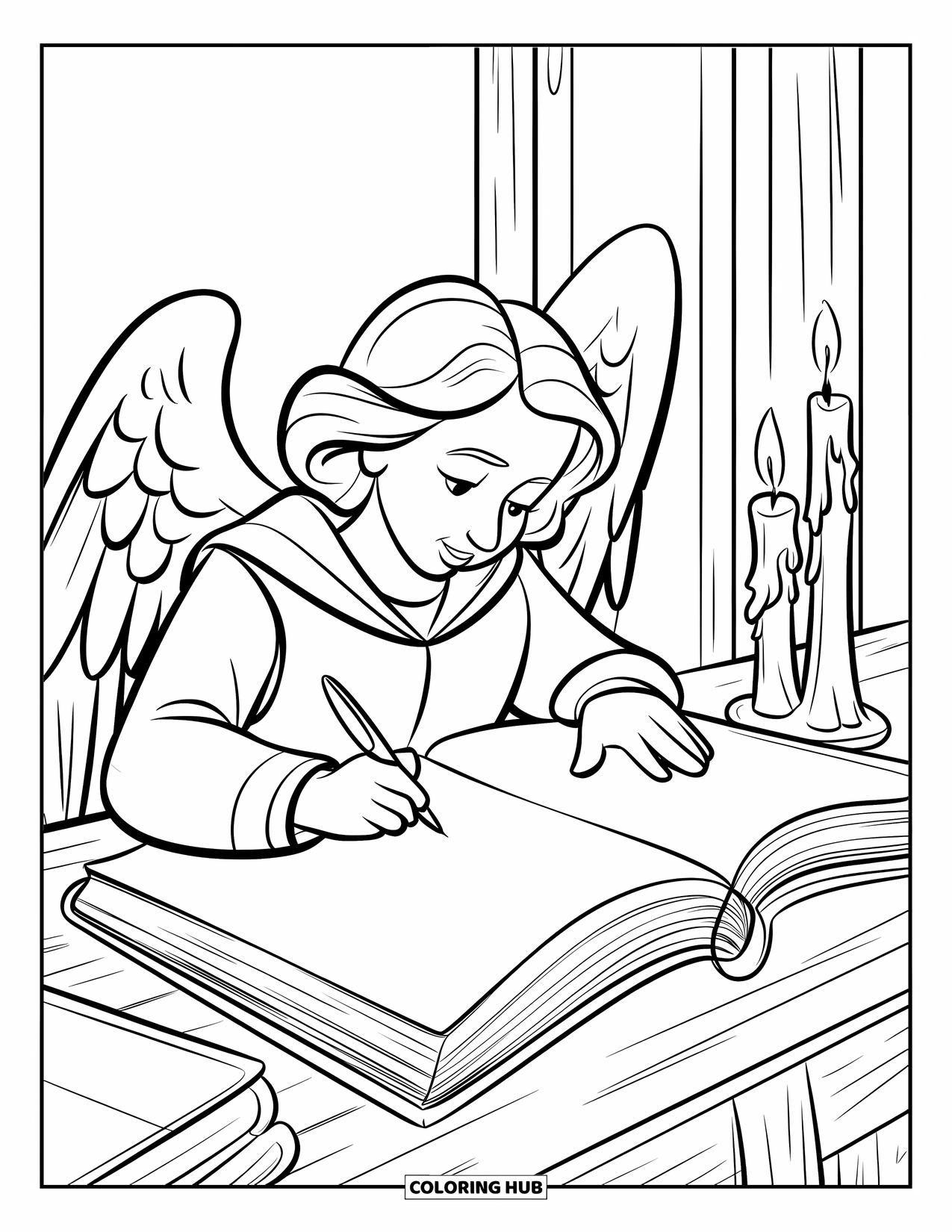 Desen de colorat cu un înger pentru copii: Un înger savant scriind într-un tom la lumina lumânării într-o cameră întunecată