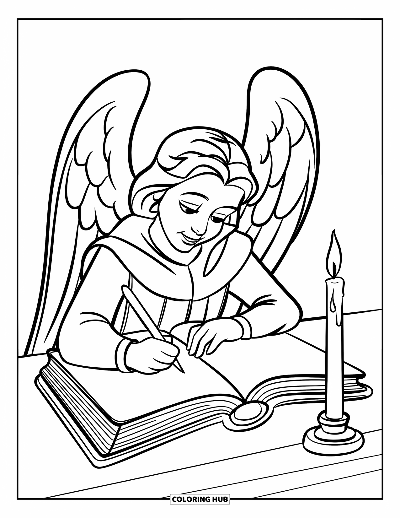 Desen de colorat cu un înger pentru copii: Un înger savant scriind într-un tom la lumina lumânării