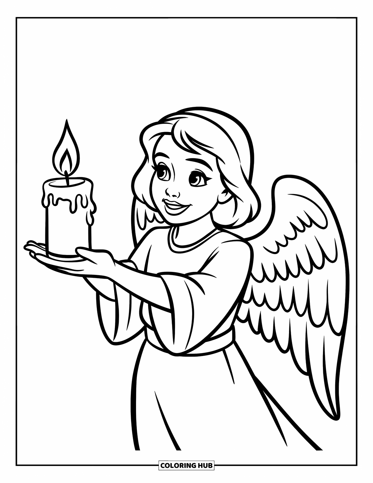 Desen de colorat cu un înger pentru copii: Un înger zâmbitor ținând o lumânare cu o strălucire caldă