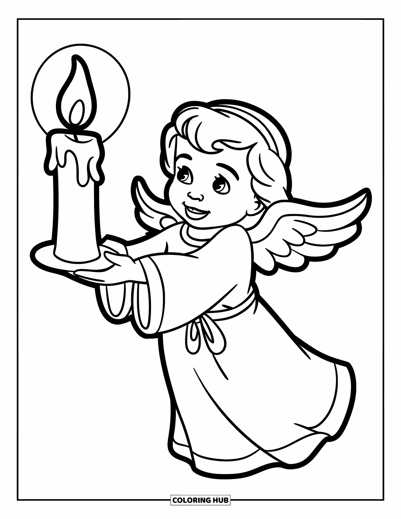 Desen de colorat cu un înger pentru copii: Un înger zâmbitor cu o lumânare în mână