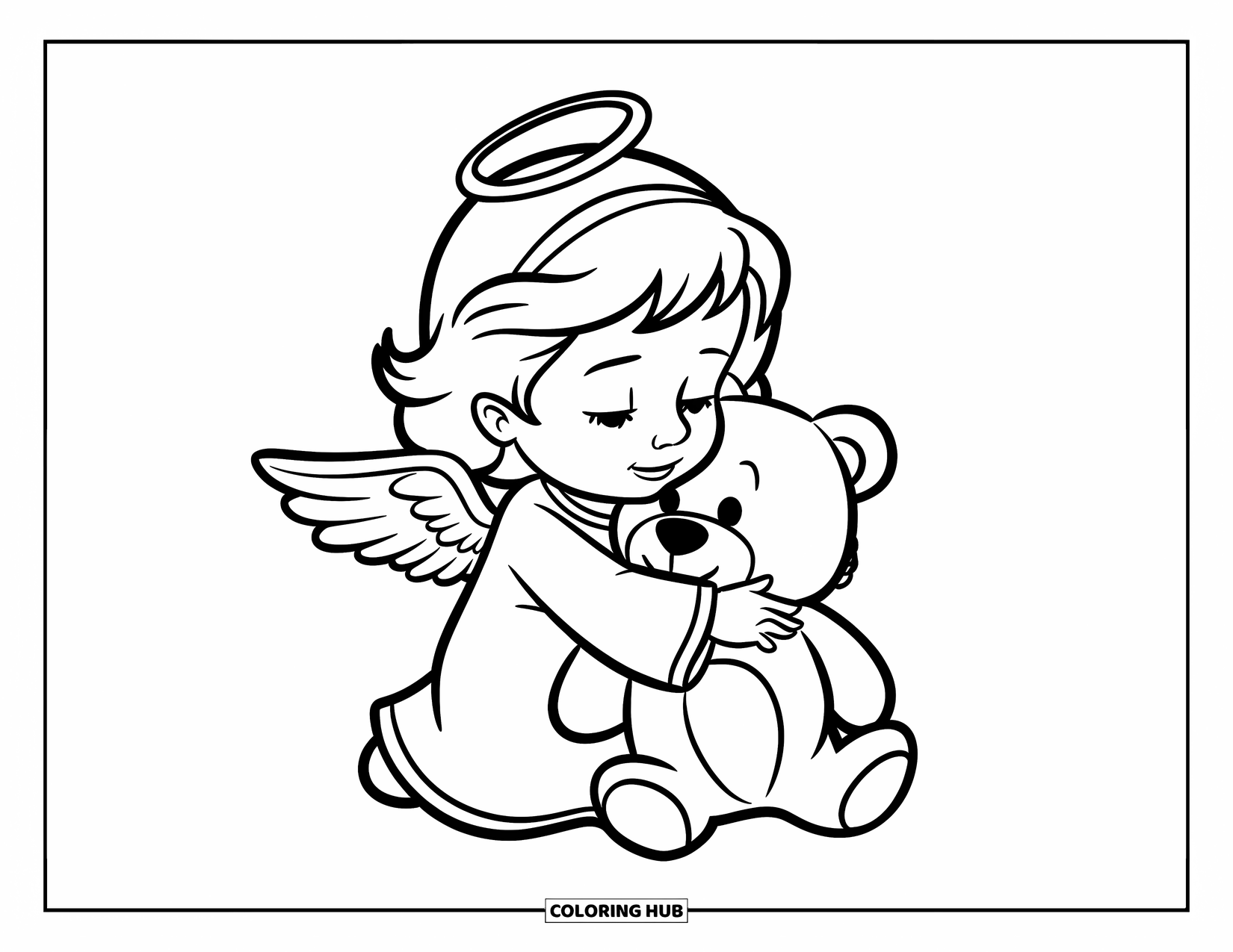 Desen de colorat cu un înger pentru copii: Un înger mic îmbrățișând un ursuleț de pluș cu o aureolă