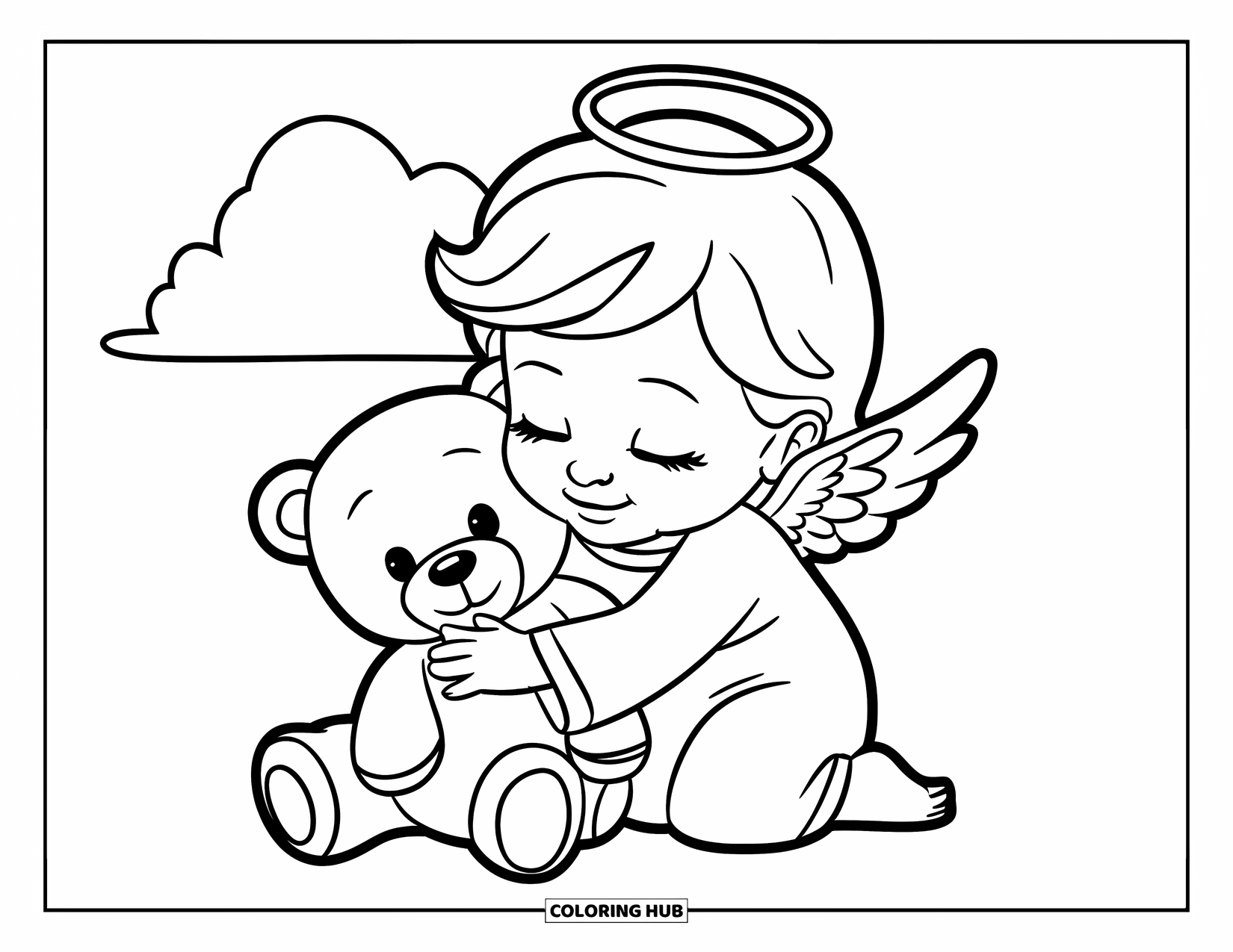 Desen de colorat cu un înger pentru copii: Un înger mic îmbrățișând un ursuleț de pluș cu un zâmbet cald