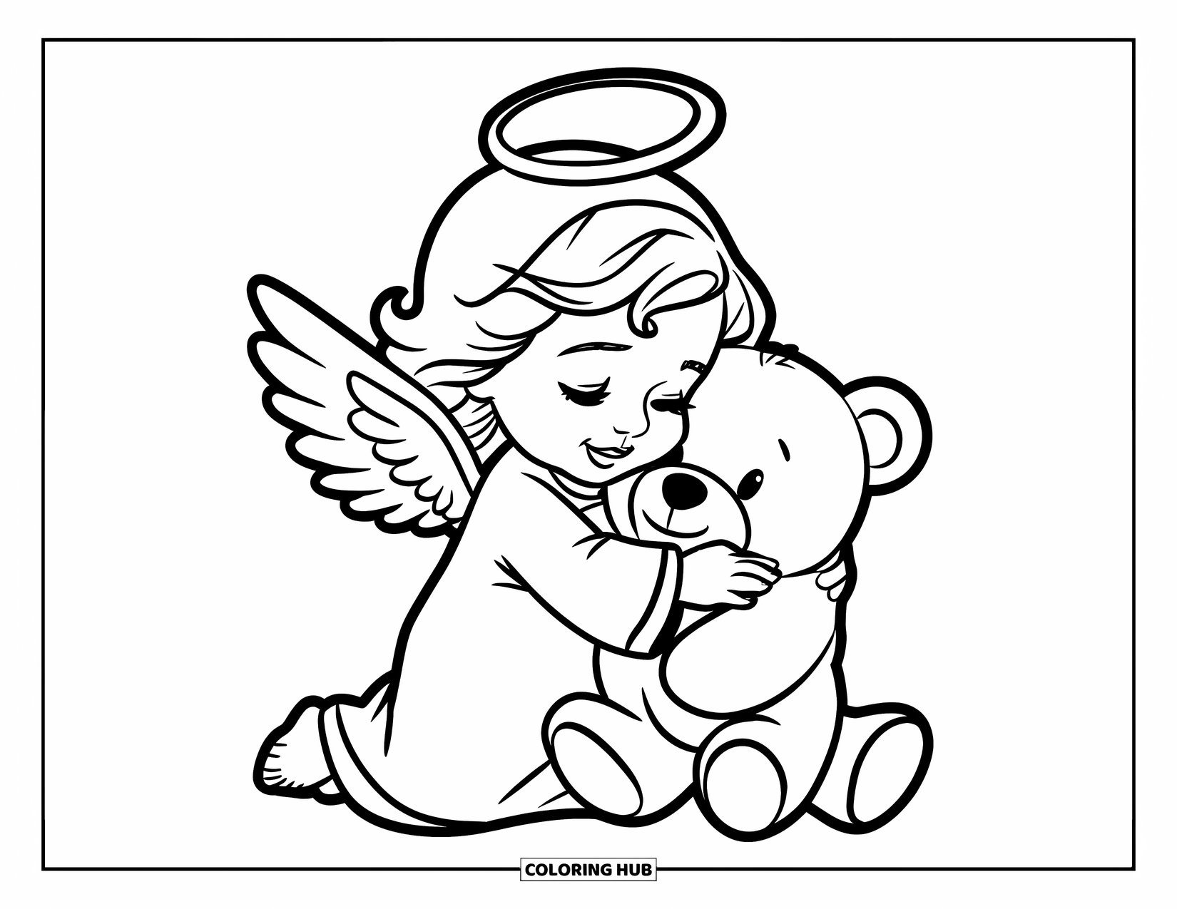 Desen de colorat cu un înger pentru copii: Un înger mic cu aripi îmbrățișând un ursuleț de pluș cu căldură