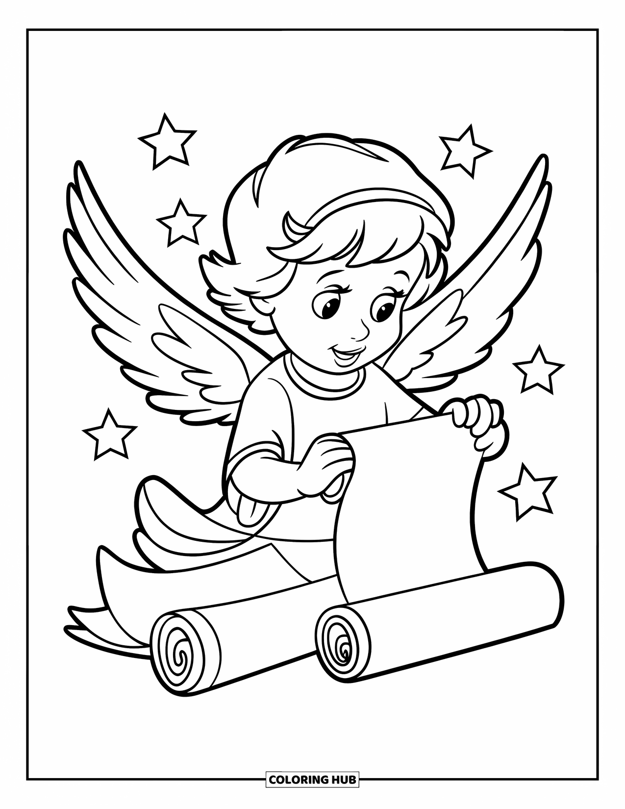 Desen de colorat cu un înger pentru copii: Un înger tânăr citind un sul cu stele în jur