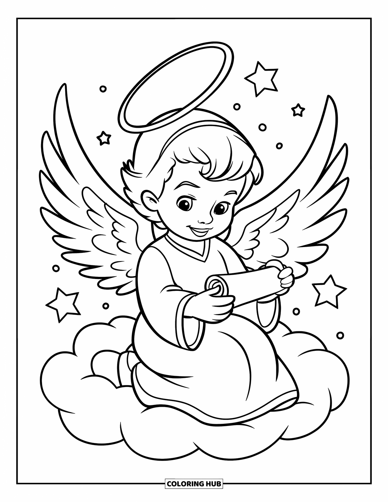 Desen de colorat cu un înger pentru copii: Un înger tânăr cu aripi citind un sul sub un cer înstelat