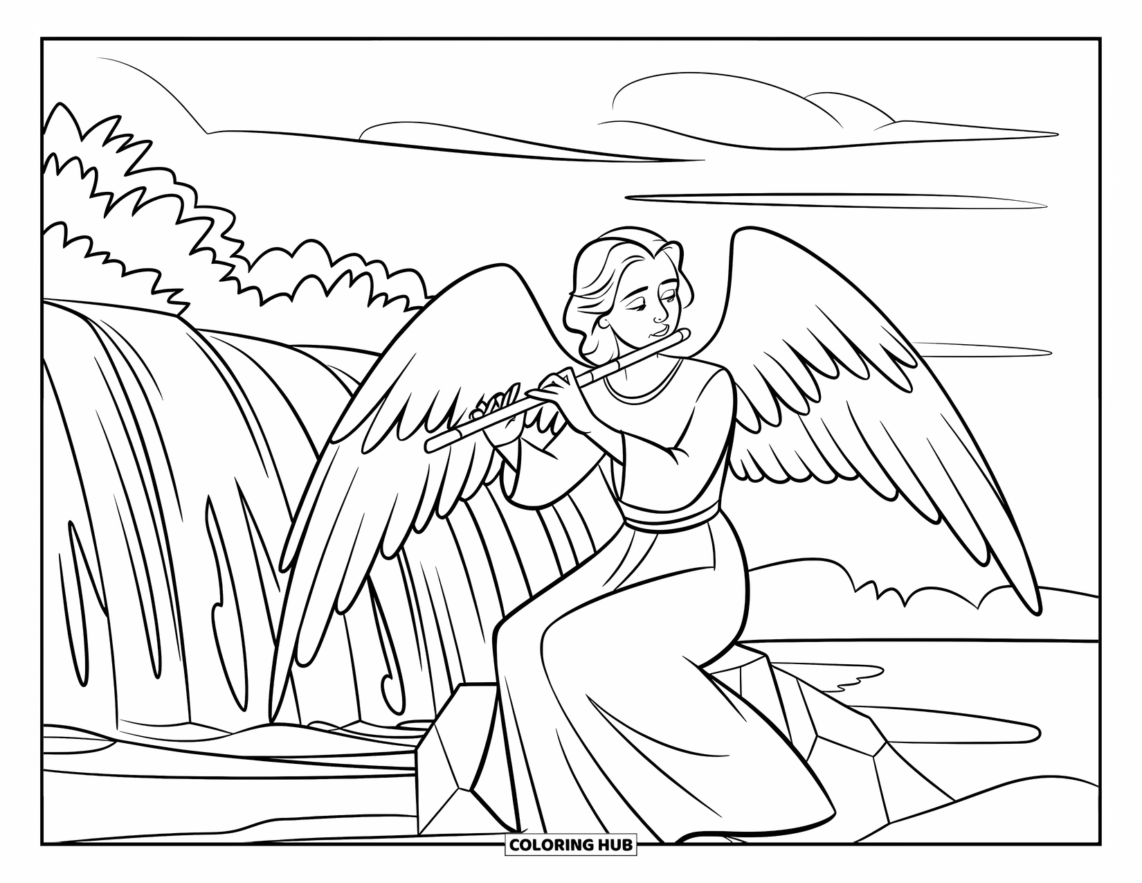 Desen de colorat cu un înger pentru copii: Un înger bard cântând la un flaut lângă o cascadă cu verdeață luxuriantă în jur