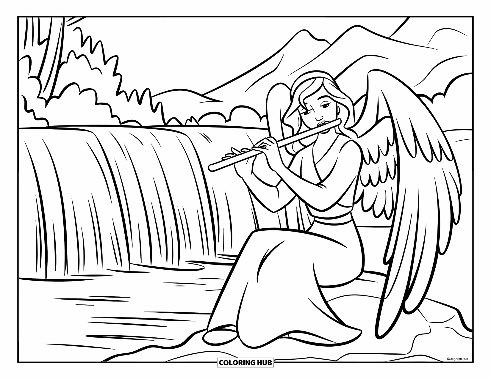 Desen de colorat cu un înger pentru copii: Un înger bard cântând la un flaut lângă o cascadă cu copaci și munți