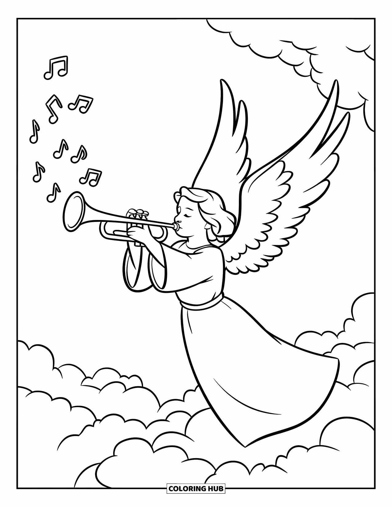 Desen de colorat cu un înger pentru copii: Un înger suflând într-o trompetă cu note muzicale plutind în jur