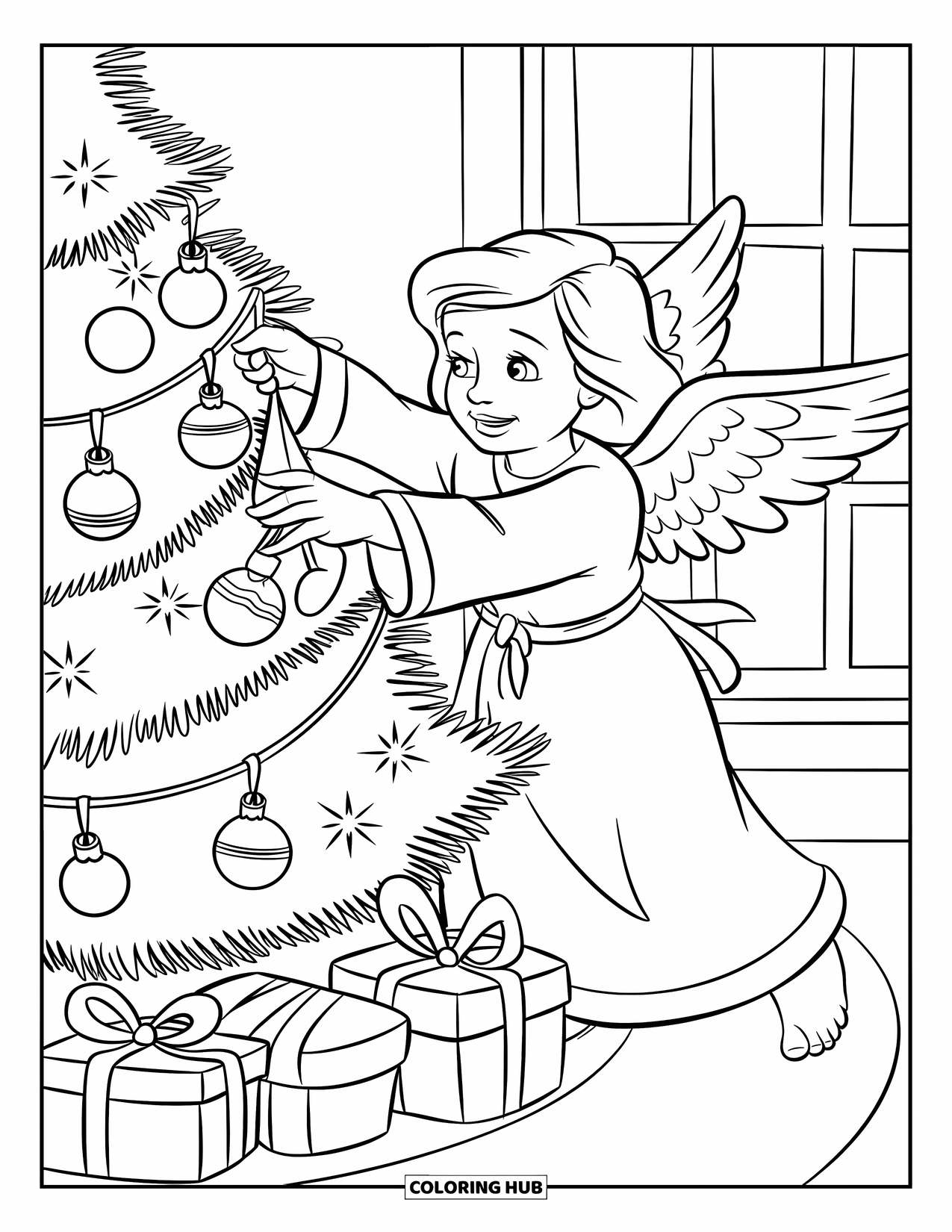 Desen de colorat cu un înger pentru copii: Un înger decorând un brad de Crăciun cu ornamente și cadouri dedesubt