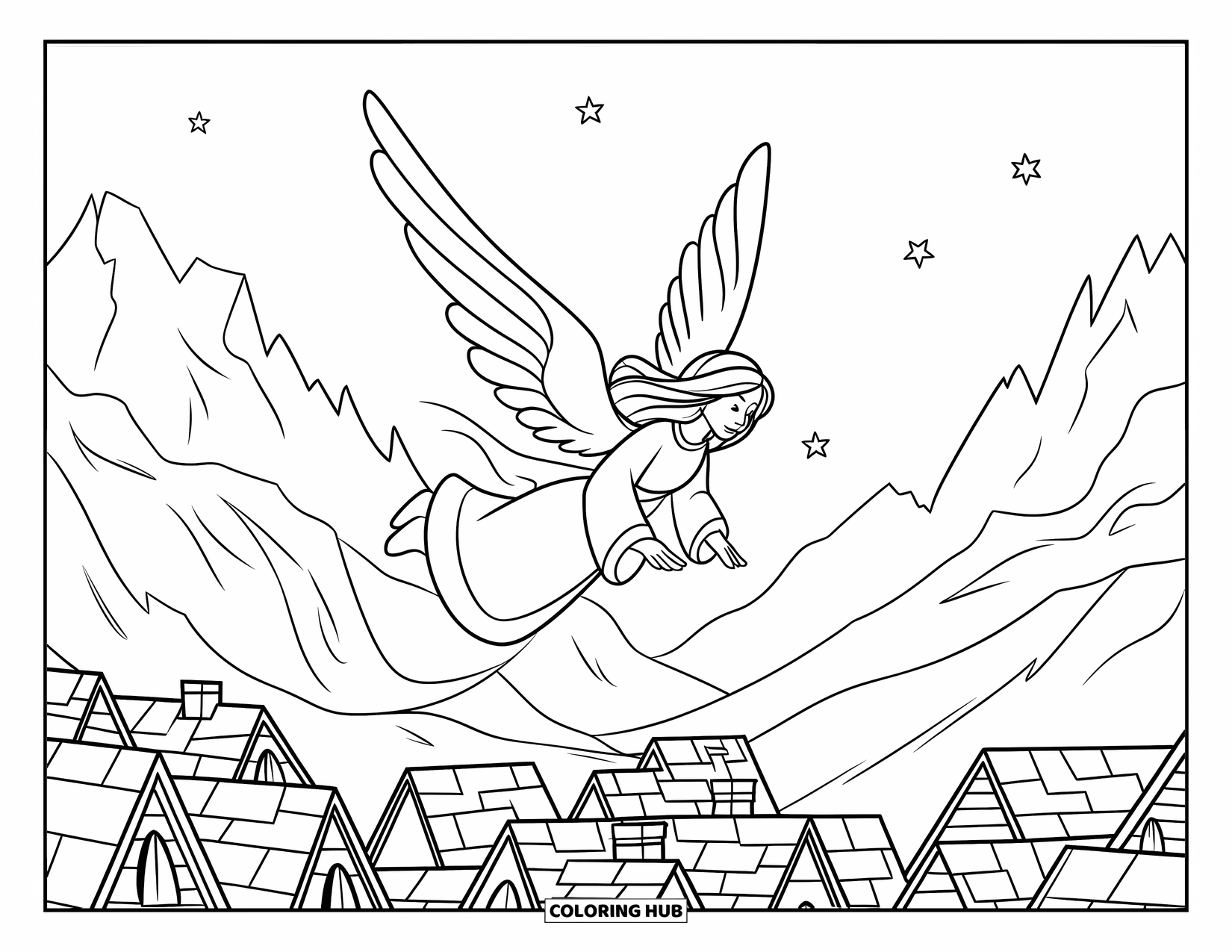 Desen de colorat cu un înger pentru copii: Un înger zburând deasupra unui sat cuibărit între munți