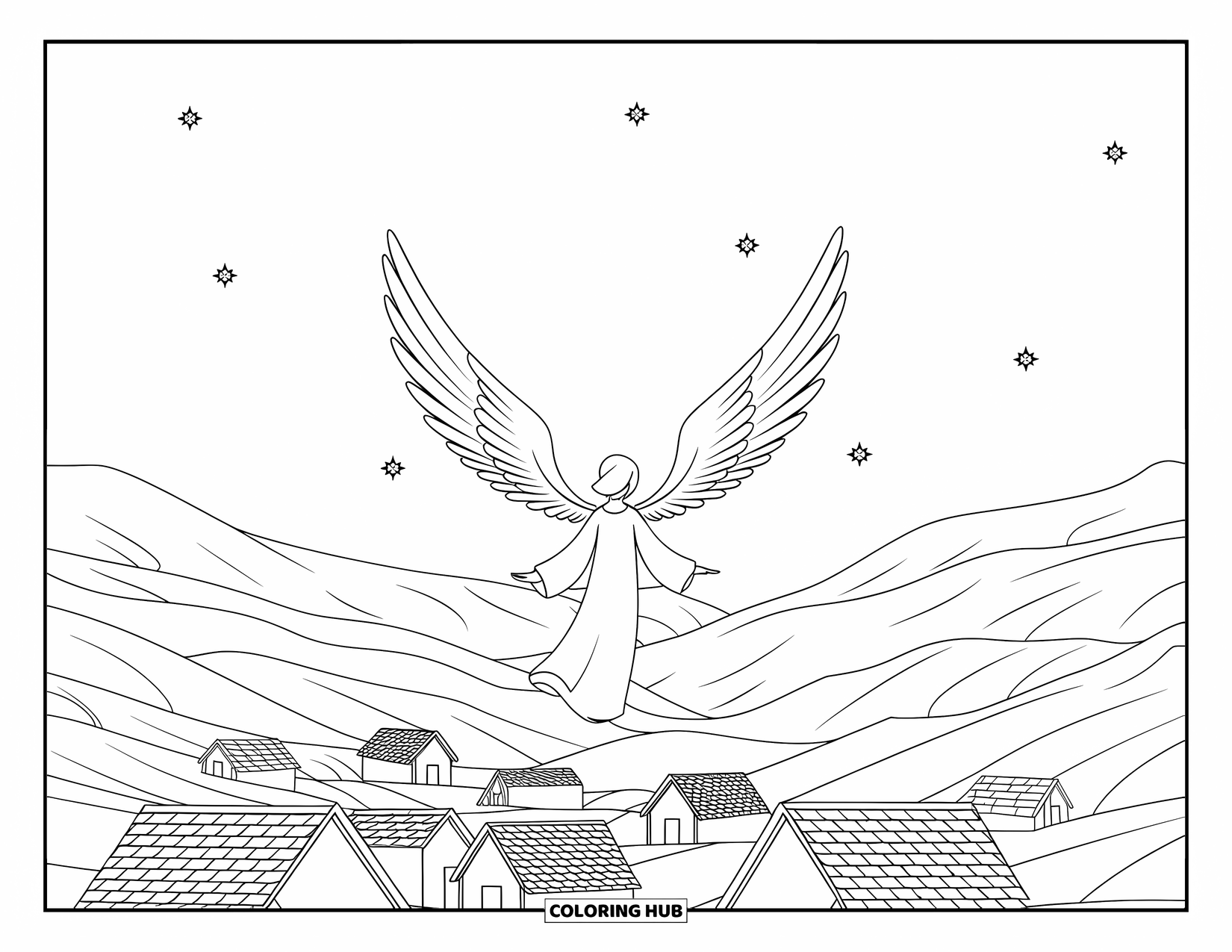 Desen de colorat cu un înger pentru copii: Un înger zburând deasupra unui sat cu stele și munți în jur