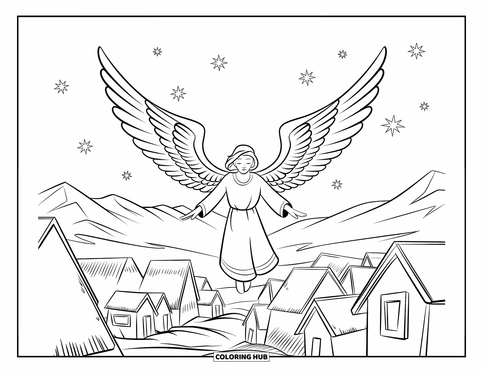 Desen de colorat cu un înger pentru copii: Un înger zburând deasupra unui sat cu stele pe cer