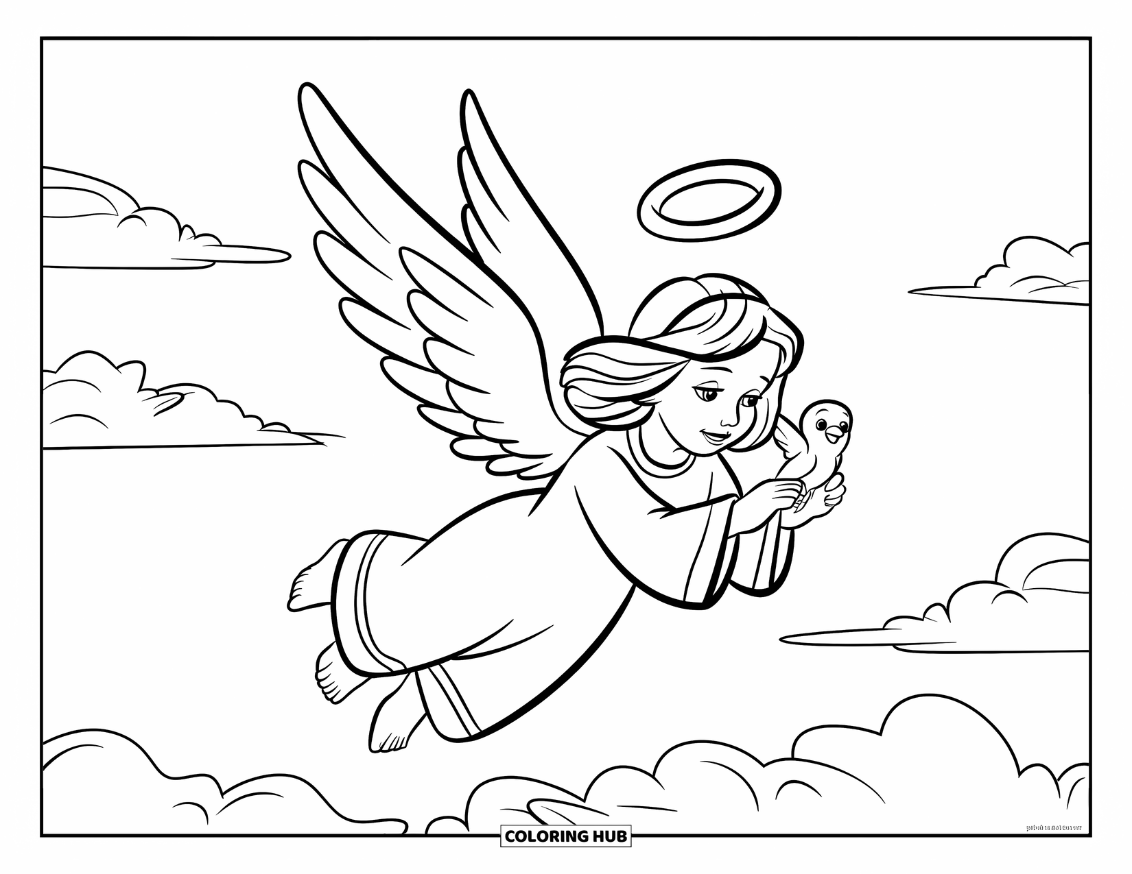 Desen de colorat cu un înger pentru copii: Un înger zburând cu o pasăre mică drept companion