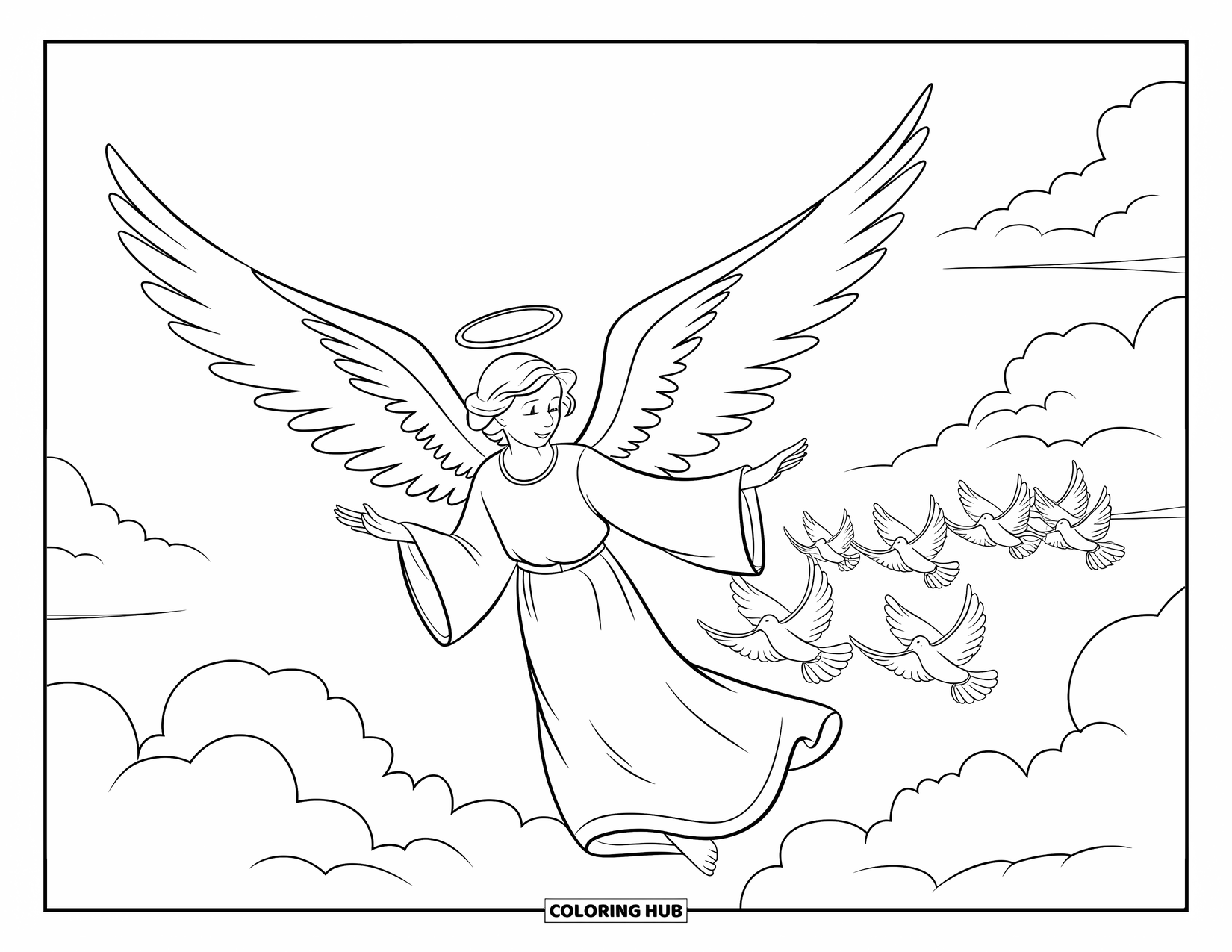 Desen de colorat cu un înger pentru copii: Un înger ghidând porumbei într-o formă de V cu nori în jur
