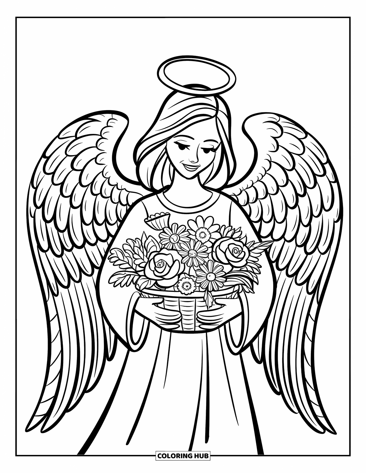 Desen de colorat cu un înger pentru copii: Un înger ținând un coș cu flori cu aripi detaliate