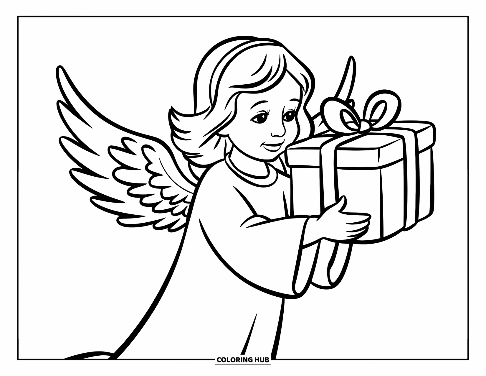 Desen de colorat cu un înger pentru copii: Un înger ținând un cadou cu o expresie blândă
