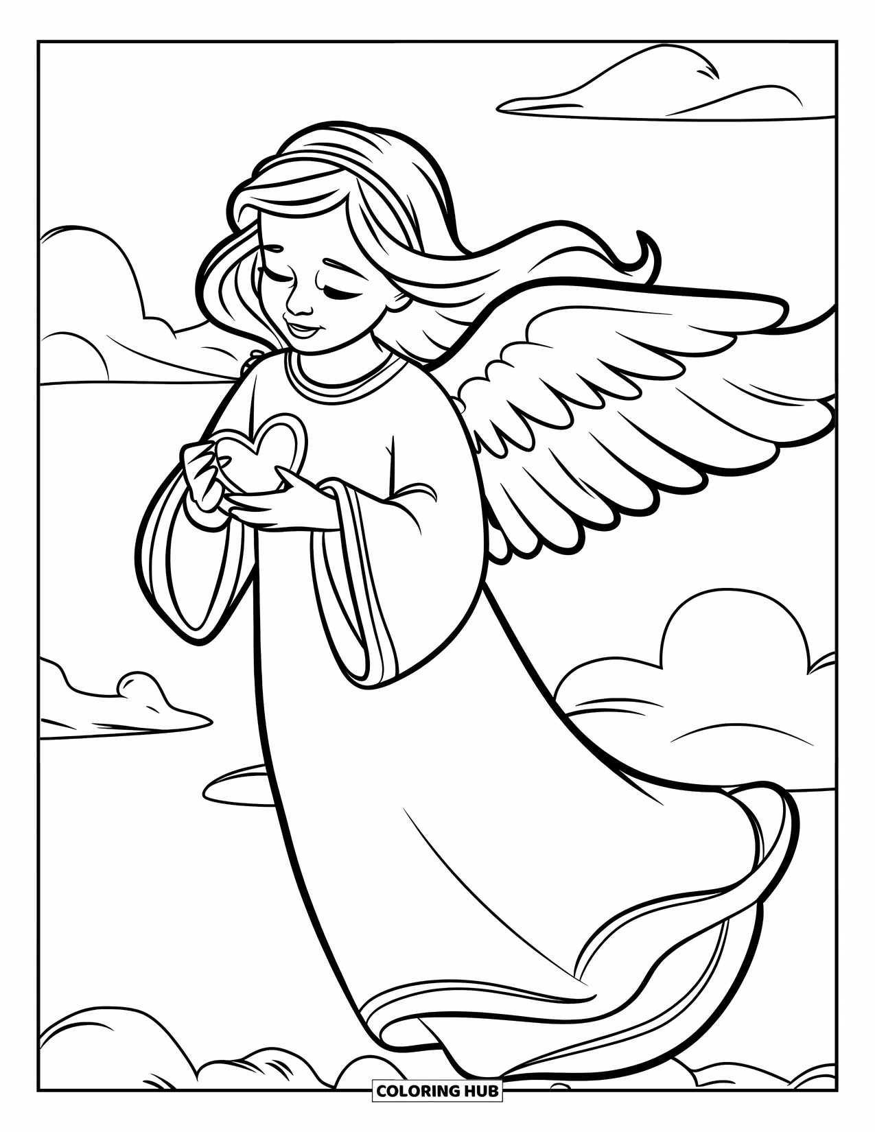 Desen de colorat cu un înger pentru copii: Un înger ținând un medalion în formă de inimă stând pe un nor